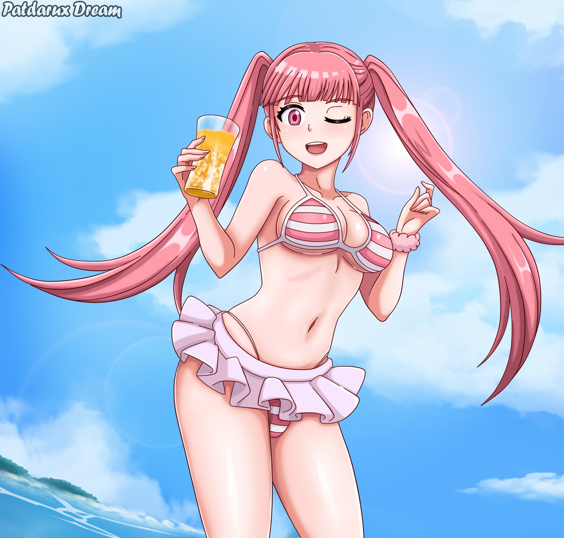 1girls, bikini, breasts, cleavage, female, female only, fire emblem, fire emblem: three houses, fully clothed, hilda valentine goneril, holding drink, holding object, looking at viewer, nintendo, open mouth, outdoors, patdarux, pink eyes, pink hair, revealing clothes, solo, swimsuit, twintails, water, winking at viewer