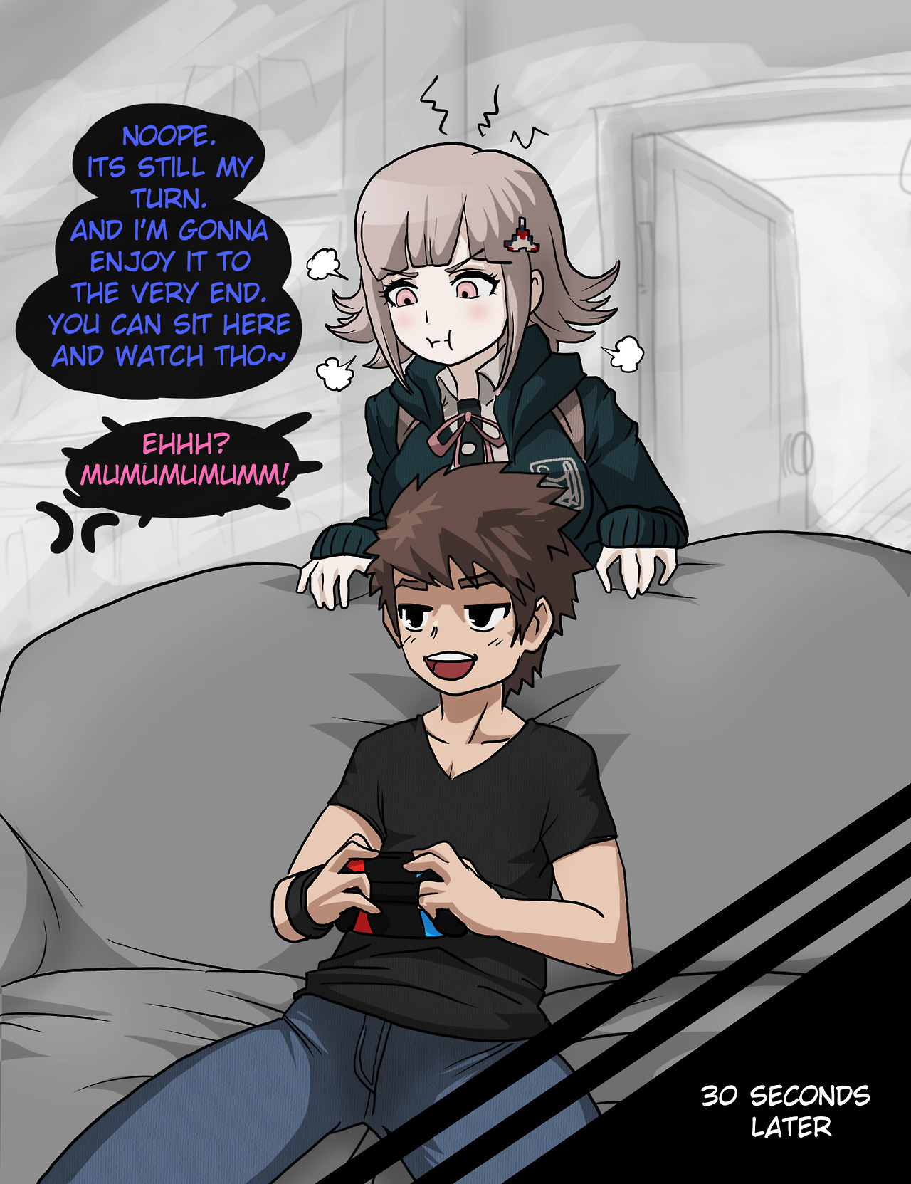 1boy, 1girls, danganronpa, danganronpa 2: goodbye despair, english text, female, male, mosbles, nanami chiaki, nintendo switch, original character, smug, sofa, straight hair, super danganronpa 2, text