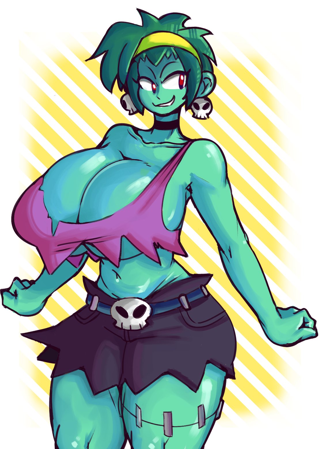 1girls, breasts, crop top, female, female only, green eyes, green skin, honeyboyy, huge breasts, no bra, rottytops, shantae, shantae: half-genie hero, smooth skin, solo, tattered clothing