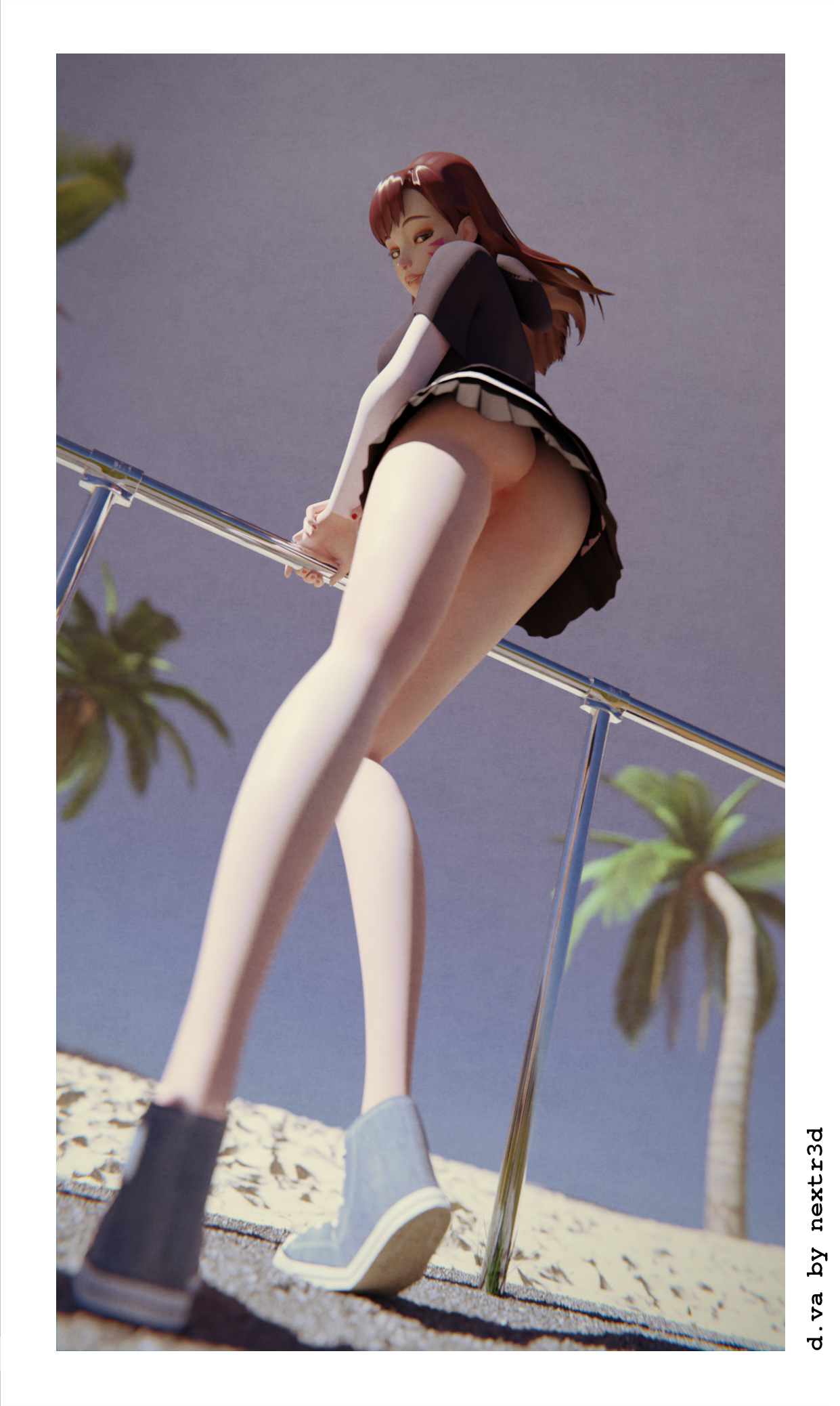 1girls, 3d, ass, brown hair, d.va, female, female only, legs, looking at viewer, looking back, looking down, nextr3d, no panties, overwatch, skinny, skirt, upskirt, viewed from below