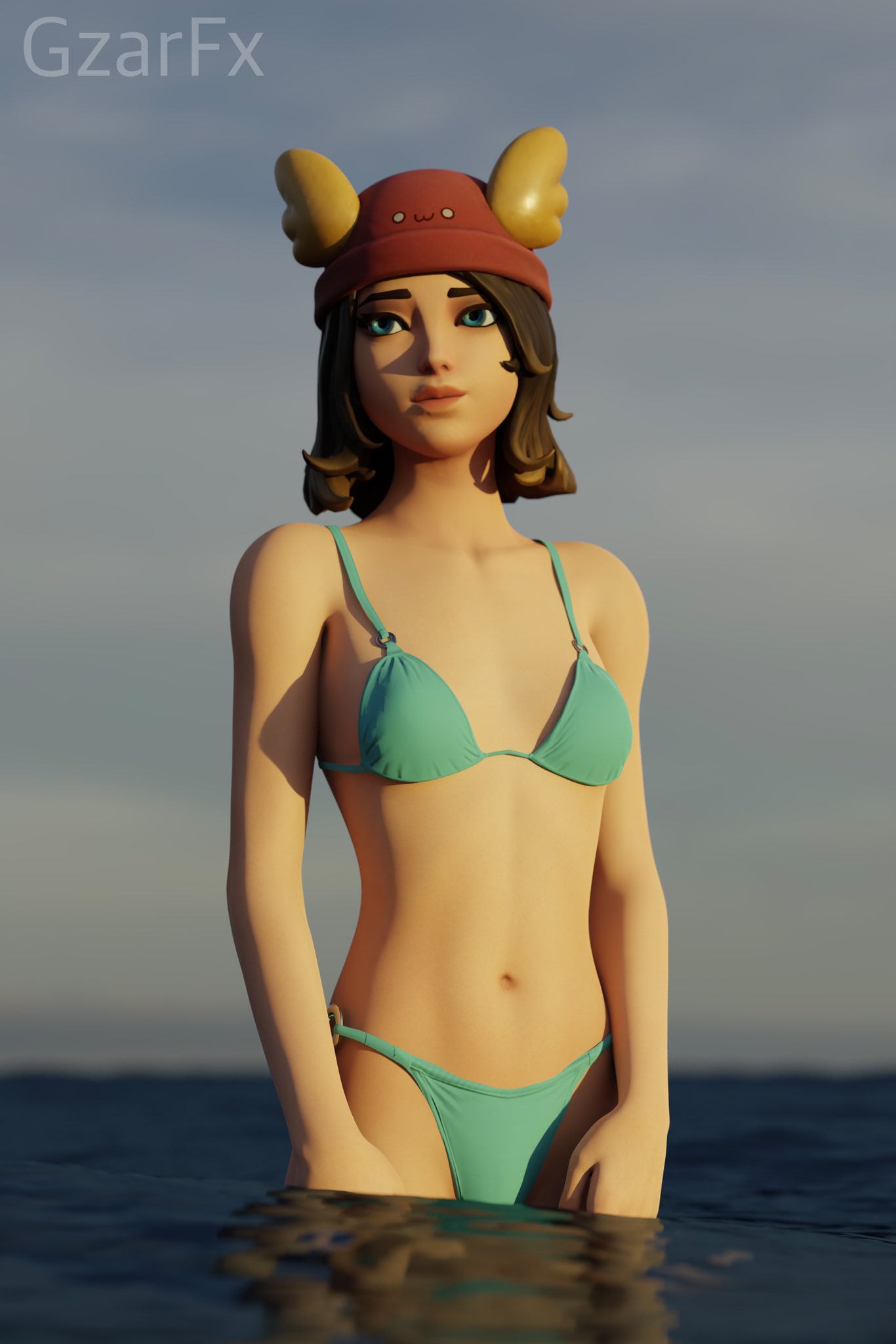 1girls 3d bikini bikini_top blender blue_eyes brown_hair clothed female female_focus female_only fortnite gzarfx hat light-skinned_female light_skin ocean pose skye_(fortnite) solo water watermark