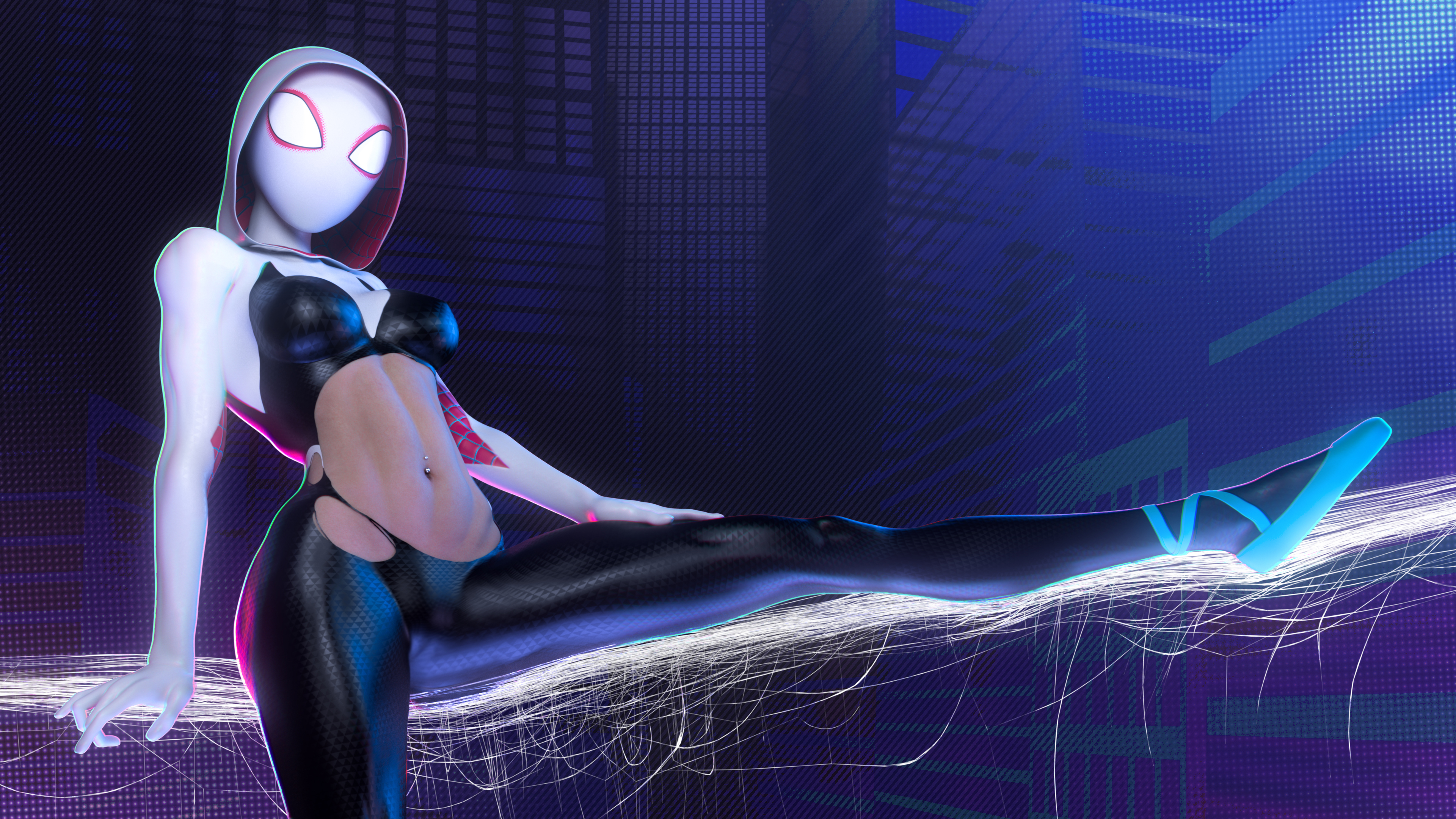 1girls, 3d, abs, athletic, bare midriff, bodysuit, breasts, busty, female, female focus, female only, fit, fit female, full body, guiltyk, gwen stacy, gwen stacy (spider-verse), hood, hoodie, hourglass figure, marvel, marvel comics, mask, masked, masked female, medium breasts, muscles, muscular, muscular female, muscular thighs, navel, navel piercing, piercing, ripped bodysuit, skin tight, spider web, spider-gwen, spider-man (series), spider-man: into the spider-verse, tagme, thick thighs, torn bodysuit, wide hips
