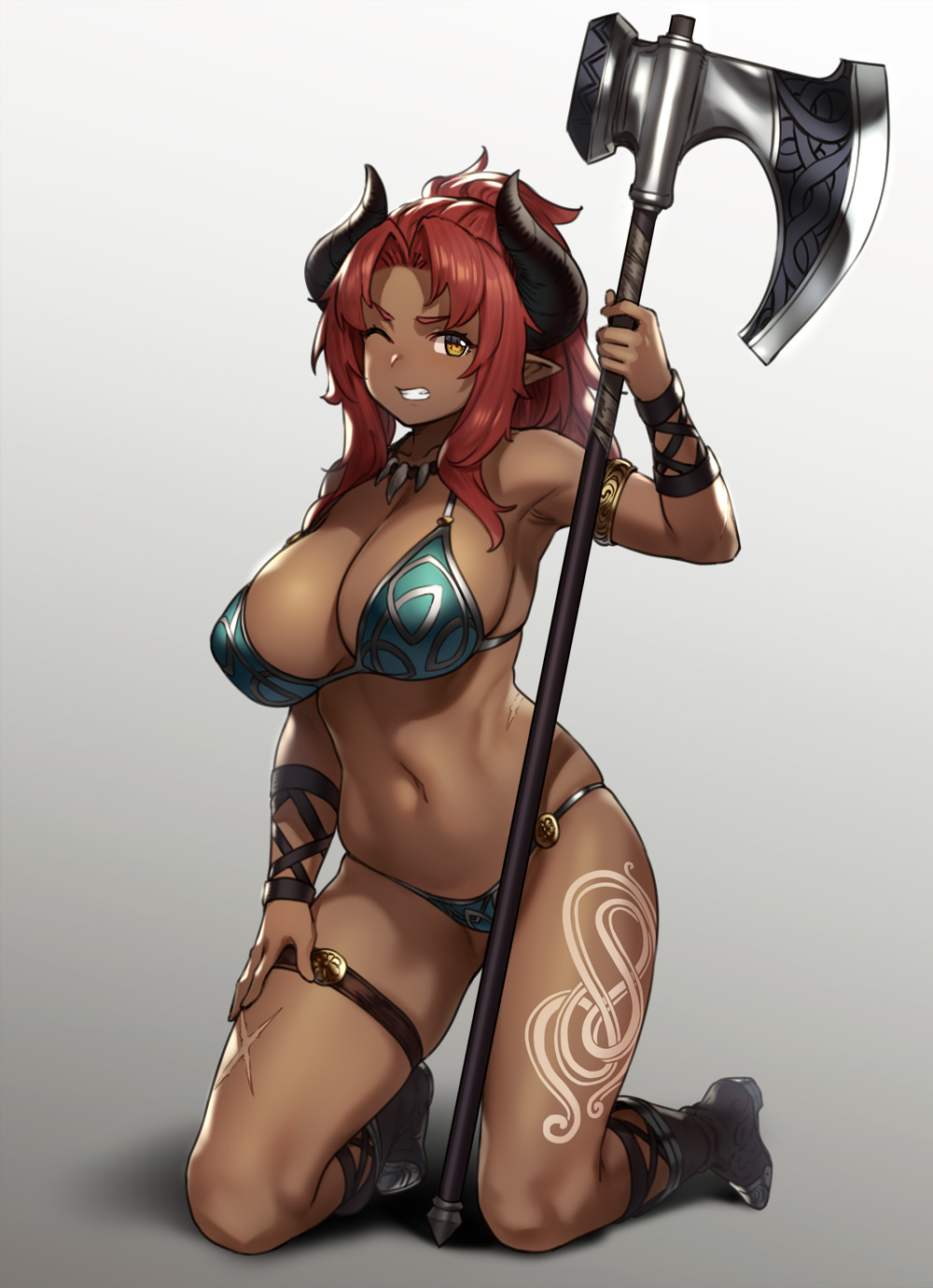 athletic axe big_breasts bikini bikini_armor bone_necklace boots breasts cleavage clenched_teeth demon demon_girl demon_horns female female_focus female_only fit hammer hand_on_thigh horns houtengeki kneeling large_breasts long_hair navel necklace one_eye_closed open_mouth red_hair scar solo solo_female solo_focus tattoo teeth thick_thighs tied_hair warrior weapon yellow_eyes