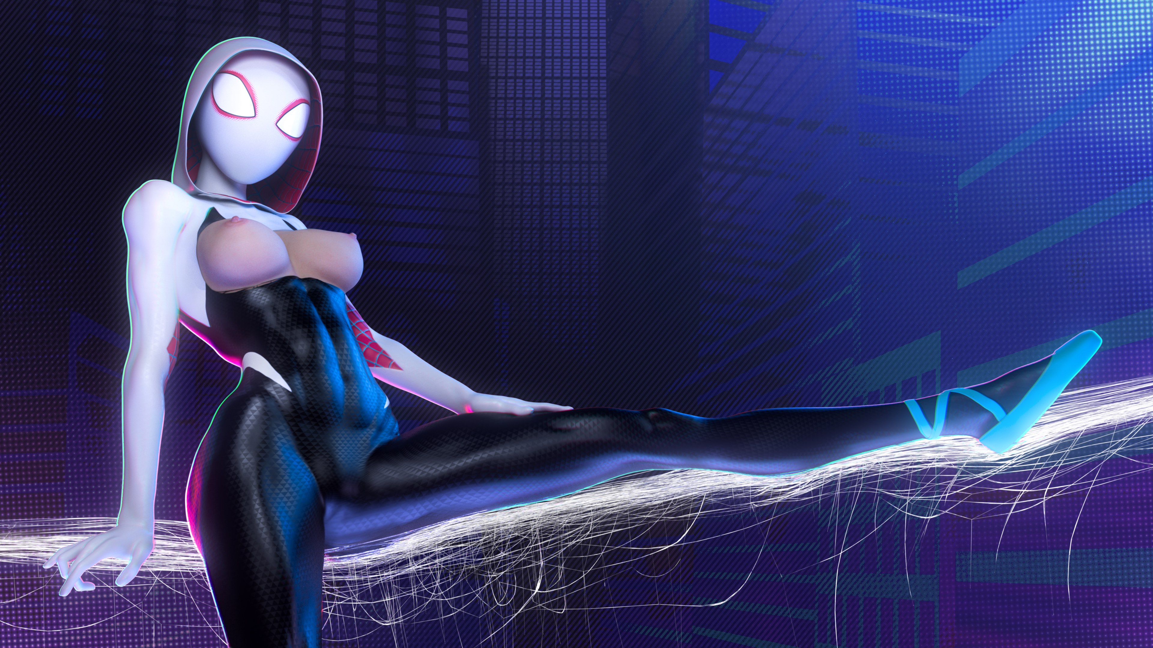 1girls, 3d, abs, areolae, athletic, bodysuit, breasts, breasts out, busty, female, female focus, female only, fit, fit female, full body, guiltyk, gwen stacy, gwen stacy (spider-verse), hood, hoodie, hourglass figure, marvel, marvel comics, mask, masked, masked female, medium breasts, muscles, muscular, muscular female, muscular thighs, nipples, ripped bodysuit, skin tight, spider web, spider-gwen, spider-man (series), spider-man: into the spider-verse, tagme, thick thighs, torn bodysuit, wide hips