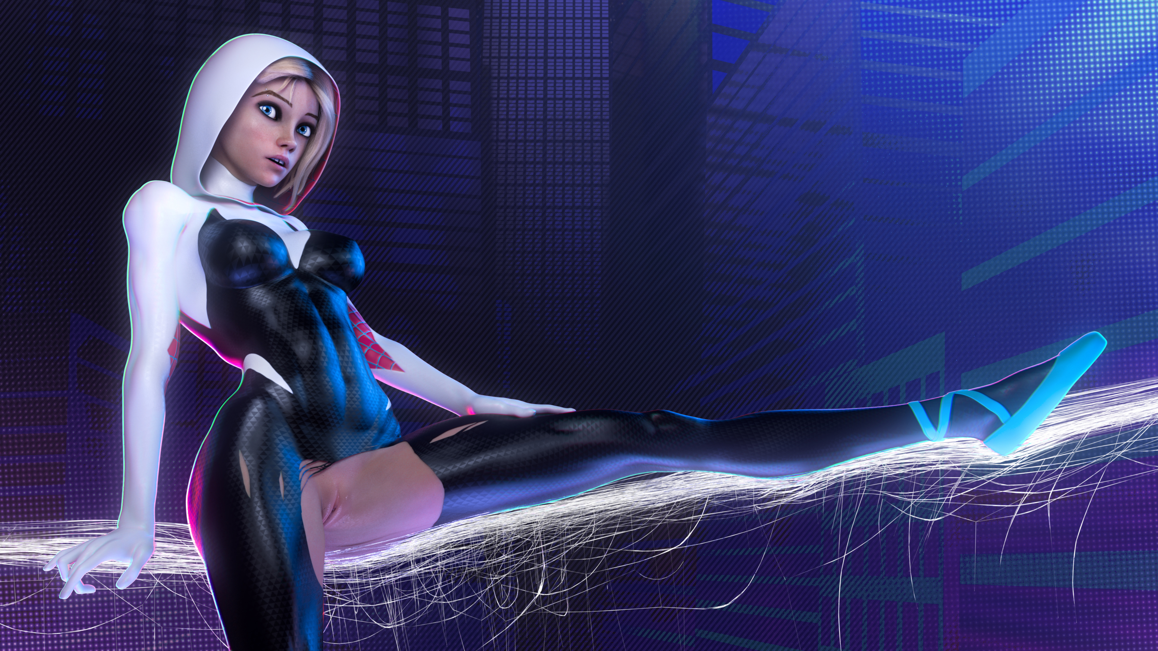 1girls, 3d, abs, asymmetrical hair, athletic, blonde hair, blue eyes, bodysuit, breasts, buckteeth, busty, clitoral hood, clitoris, crotchless, eyeliner, eyeshadow, female, female focus, female only, fit, fit female, full body, guiltyk, gwen stacy, gwen stacy (spider-verse), hood, hoodie, hourglass figure, marvel, marvel comics, mascara, medium breasts, muscles, muscular, muscular female, muscular thighs, pussy, ripped bodysuit, shaved pussy, short hair, skin tight, spider web, spider-gwen, spider-man (series), spider-man: into the spider-verse, tagme, thick thighs, torn bodysuit, vagina, wet pussy, wide hips