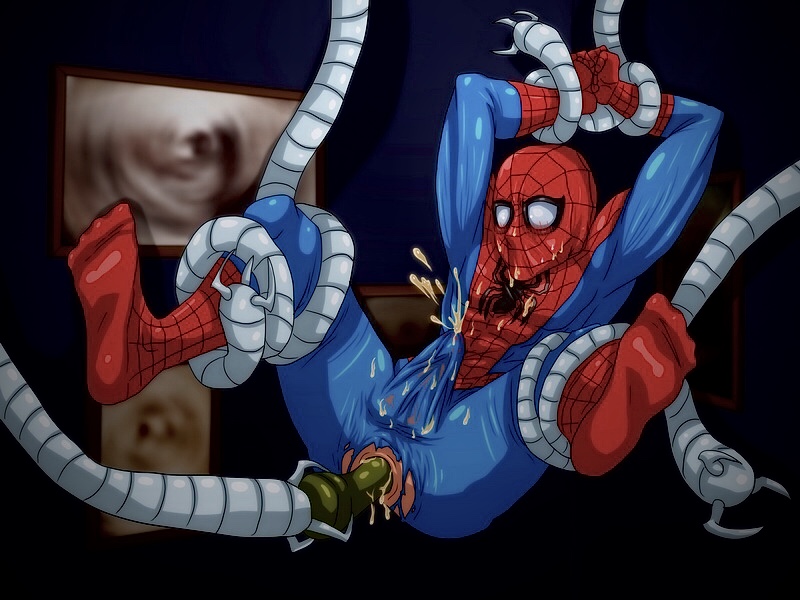 1boy, 4:3, anal object insertion, anal penetration, arms above head, bodysuit, bondage, captured, cum, cum on clothes, cum on face, cum on self, cum on upper body, cum through clothes, cum while penetrated, dildo, dildo in ass, doctor octopus, erection under clothes, forced, forced orgasm, gay, gay domination, green dildo, hands above head, helpless, legs held open, male, male focus, male only, male penetrated, malesub, marvel, marvel comics, mechanical tentacles, offscreen character, penetration, rape, restrained, smooth skin, spider-man, spider-man (series), spread legs, stretched anus, suspension, tentacle, tentacle on male, tentacle rape, tentacle suspension, tight-web, torn bodysuit, torn clothes, yaoi