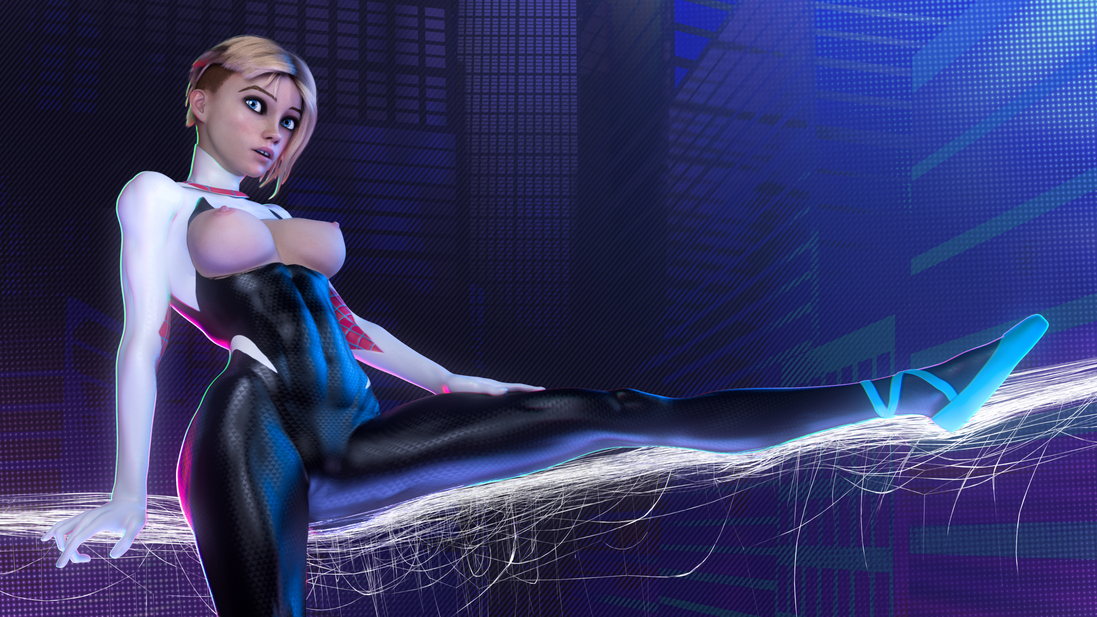 1girls, 3d, abs, areolae, asymmetrical hair, athletic, blonde hair, blue eyes, bodysuit, breasts, breasts out, buckteeth, busty, eyeliner, eyeshadow, female, female focus, female only, fit, fit female, full body, guiltyk, gwen stacy, gwen stacy (spider-verse), hood, hoodie, hourglass figure, marvel, marvel comics, mascara, medium breasts, muscles, muscular, muscular female, muscular thighs, nipples, ripped bodysuit, short hair, skin tight, spider web, spider-gwen, spider-man (series), spider-man: into the spider-verse, tagme, thick thighs, torn bodysuit, wide hips