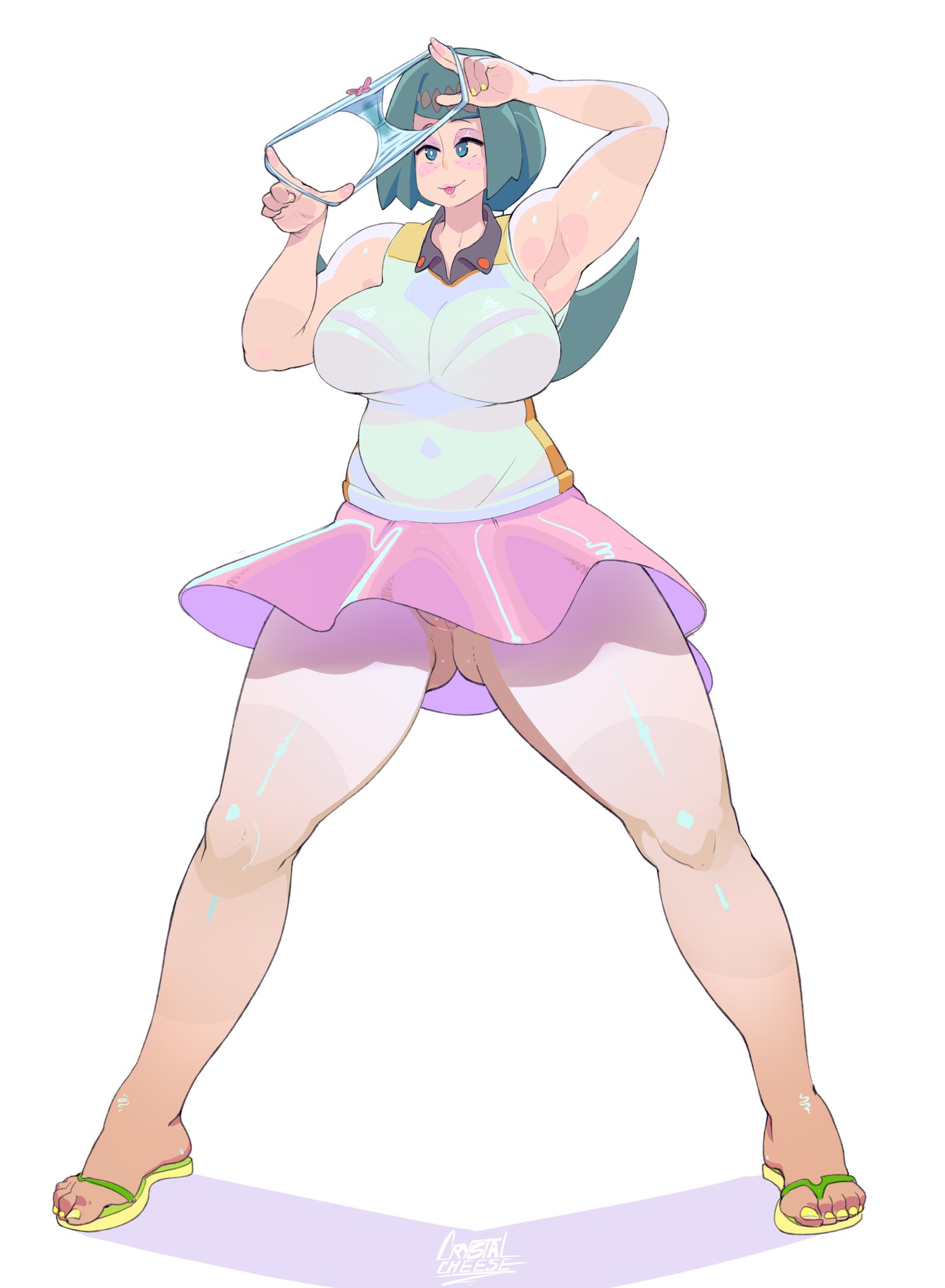 1girls, alternate breast size, alternate outfit, armpits, ass, blue hair, bottomless, breasts, crystalcheese, feet, female, holding, human, lana's mother (pokemon), large breasts, long hair, milf, miniskirt, mob face, mother, nintendo, no panties, panties, panties removed, pokemon, pokemon sm, ponytail, sandals, see-through, shirt, short hair, skirt, source request, tagme, text, thick thighs, thigh gap, watermark, wide hips, yellow nails