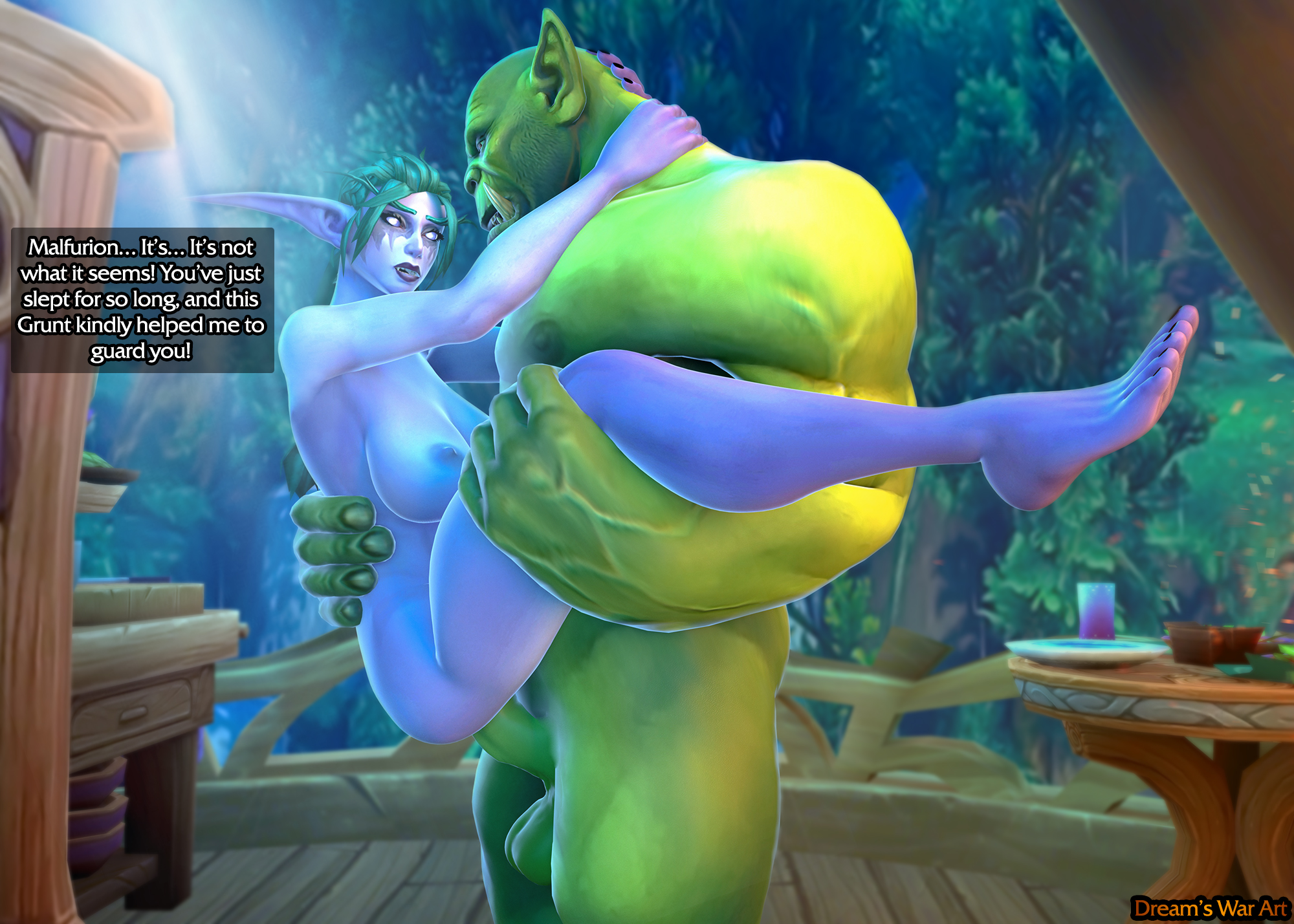 balls, breasts, captured, caught, cheating, cheating wife, dreamswarart, elf, elf ears, elf female, female, holding, holding legs, horde, looking at viewer, male, netorare, night elf, ntr, orc, orc male, pointy ears, pussy, sex, straight, straight sex, tyrande whisperwind, vaginal penetration, warcraft, world of warcraft
