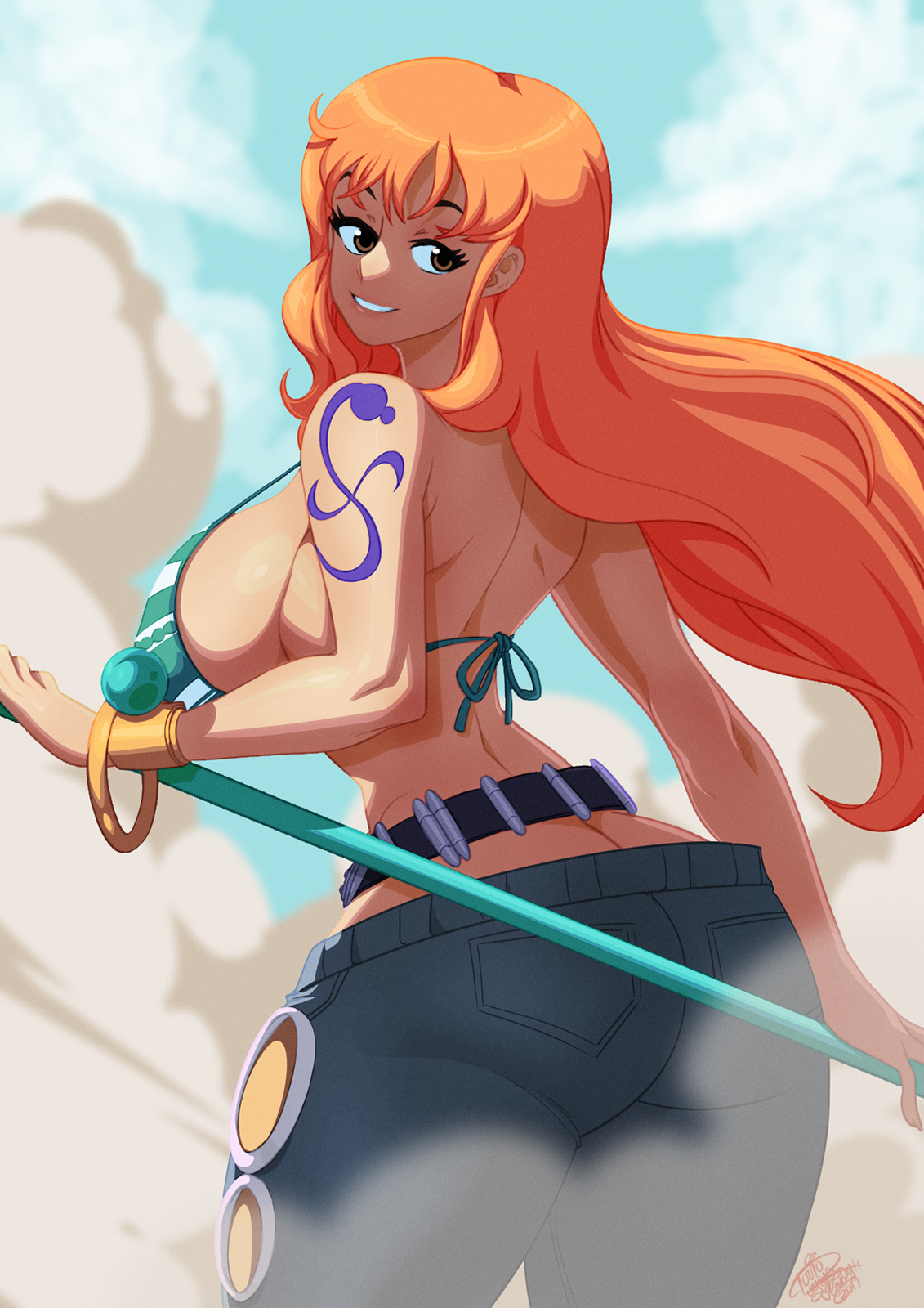1girls, arm tattoo, ass, big ass, big breasts, bikini, blue tattoo, breasts, brown eyes, clothing, dust, female, female only, hips, huge ass, huge breasts, jeans, large ass, large breasts, long hair, looking back, nami (one piece), one piece, orange hair, orange-haired female, pirate, shounen jump, striped bikini, tattoo, tovio rogers, voluptuous, waist, wide hips