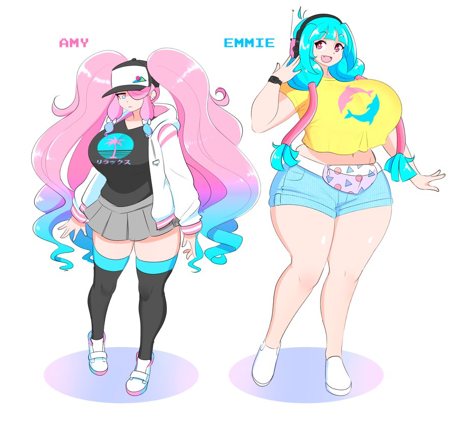 2girls, amy (theycallhimcake), ass, blue hair, breasts, character, clothed, clothing, emmie (theycallhimcake), female, female only, hat, headphones, huge ass, huge breasts, human, human only, jacket, legwear, long hair, multicolored hair, pink hair, shiny, shiny hair, shiny skin, shirt, shoes, shorts, skirt, smile, standing, stockings, theycallhimcake, thick thighs, thighs, very long hair