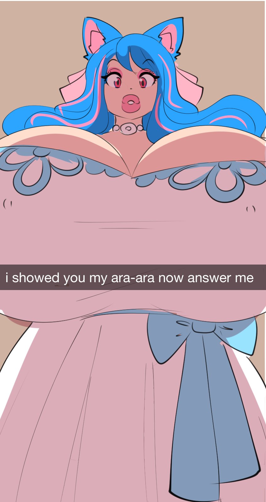 bimbo, blue hair, breasts, cat ears, cat girl, catgirl, dress, female, huge breasts, looking at viewer, milkybimbo, red eyes, ribbon, sky (milkybimbo), snapchat, theycallhimcake, thick lips, white dress