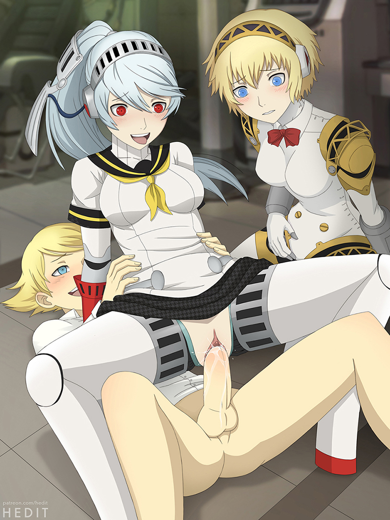 1boy 2girls aegis_(persona) aigis_(persona) android blonde_hair blue_eyes blue_hair blush breasts clothed_sex cowgirl_position cum female grabbing hedit kuma_(persona_4) labrys long_hair male megami_tensei multiple_girls open_mouth persona persona_3 persona_4 persona_4:_the_ultimate_in_mayonaka_arena persona_4_arena pleated_skirt ponytail red_eyes reverse_cowgirl_position robot robot_joints school_uniform sex skirt smile straddling straight teddie uncensored vaginal vaginal_penetration