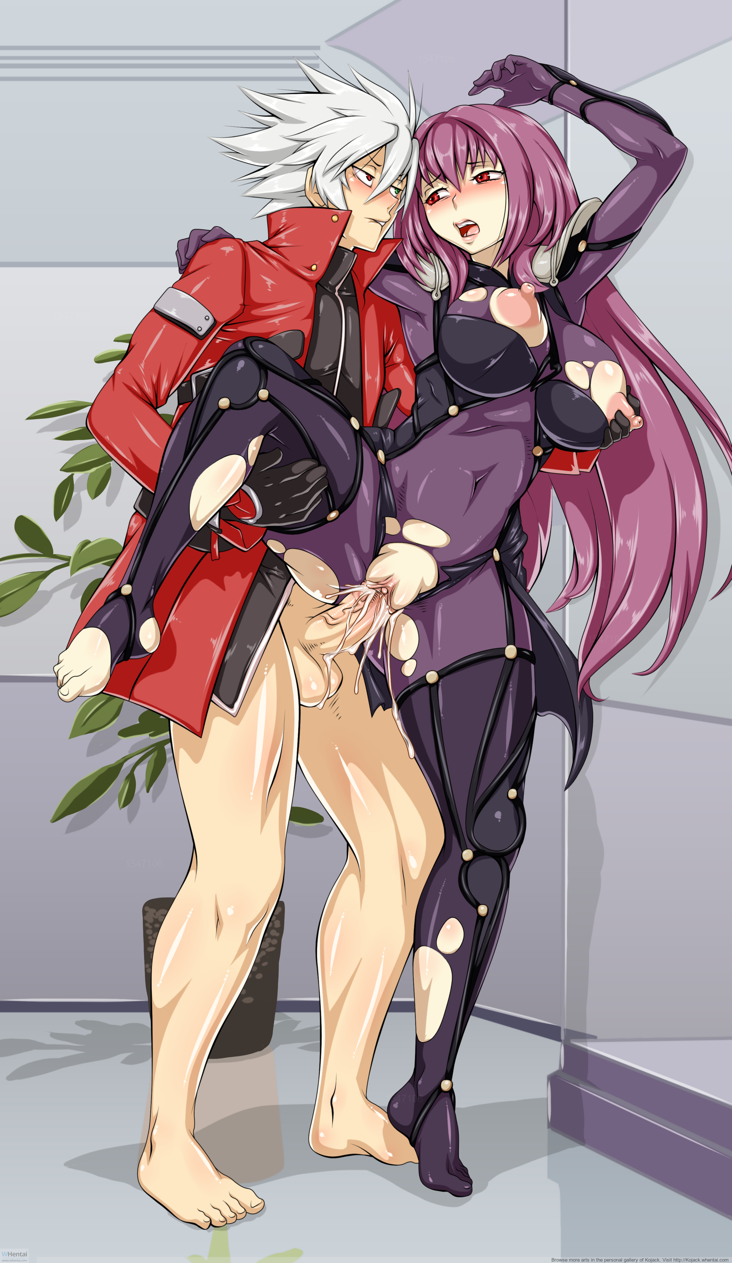 1boy, 1girls, absurd res, big breasts, big penis, blazblue, bottomless, breasts, clothed sex, clothing, crossover, cum, cum in pussy, cum inside, fate (series), fate/grand order, female, green eyes, heterochromia, highres, huge breasts, kojack, large breasts, leg lift, long hair, male, penis, purple eyes, purple hair, pussy, ragna the bloodedge, red eyes, scathach (fate), sex, straight, thick thighs, whentai, white hair