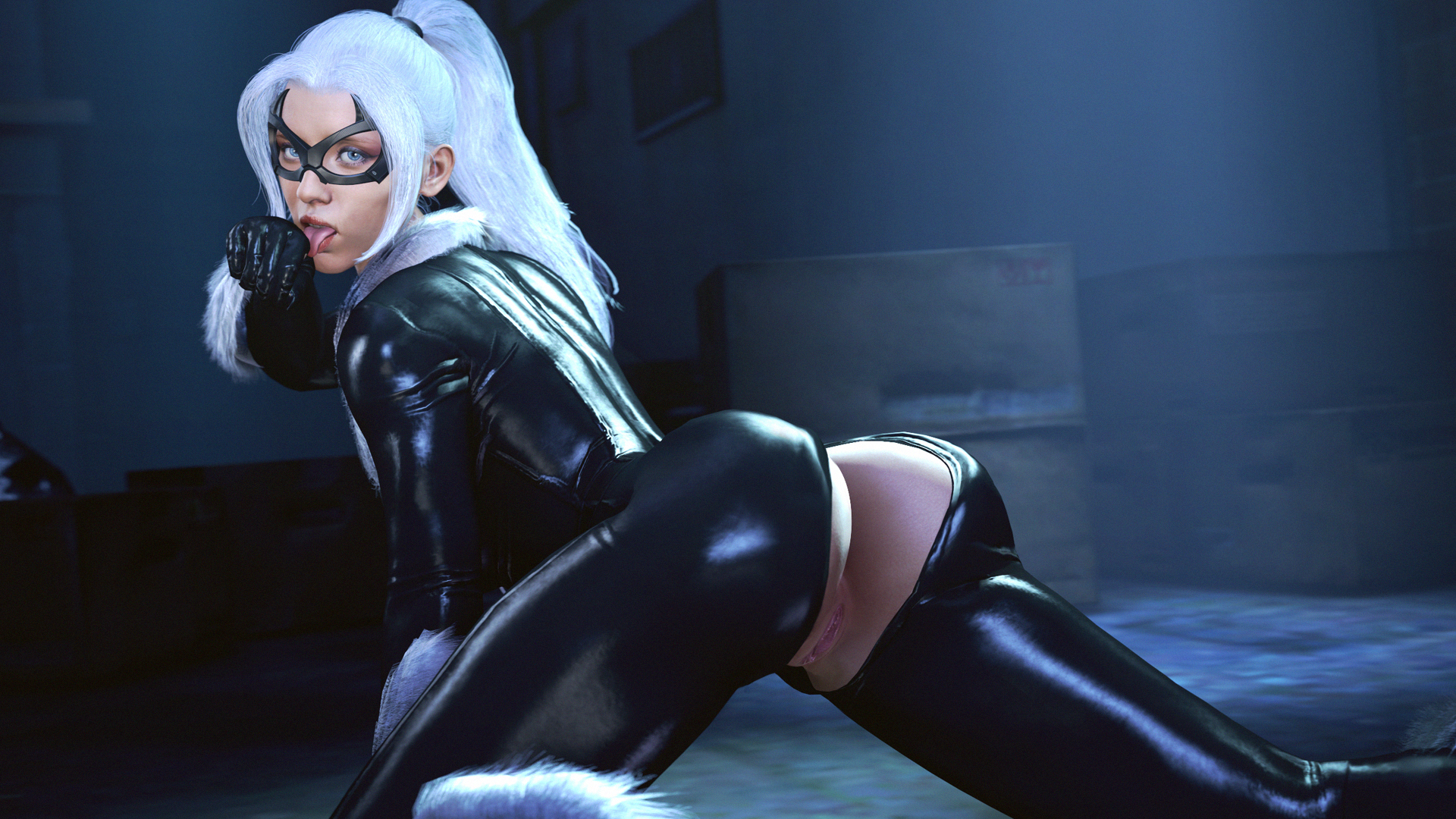 1girls, 3d, 3d (artwork), ass, batesz, big ass, black cat (insomniac), black cat (marvel), bodysuit, felicia hardy, female, female only, looking at viewer, looking back, marvel, marvel comics, pussy, solo, source filmmaker, spider-man (ps4), spider-man (series), tongue, tongue out