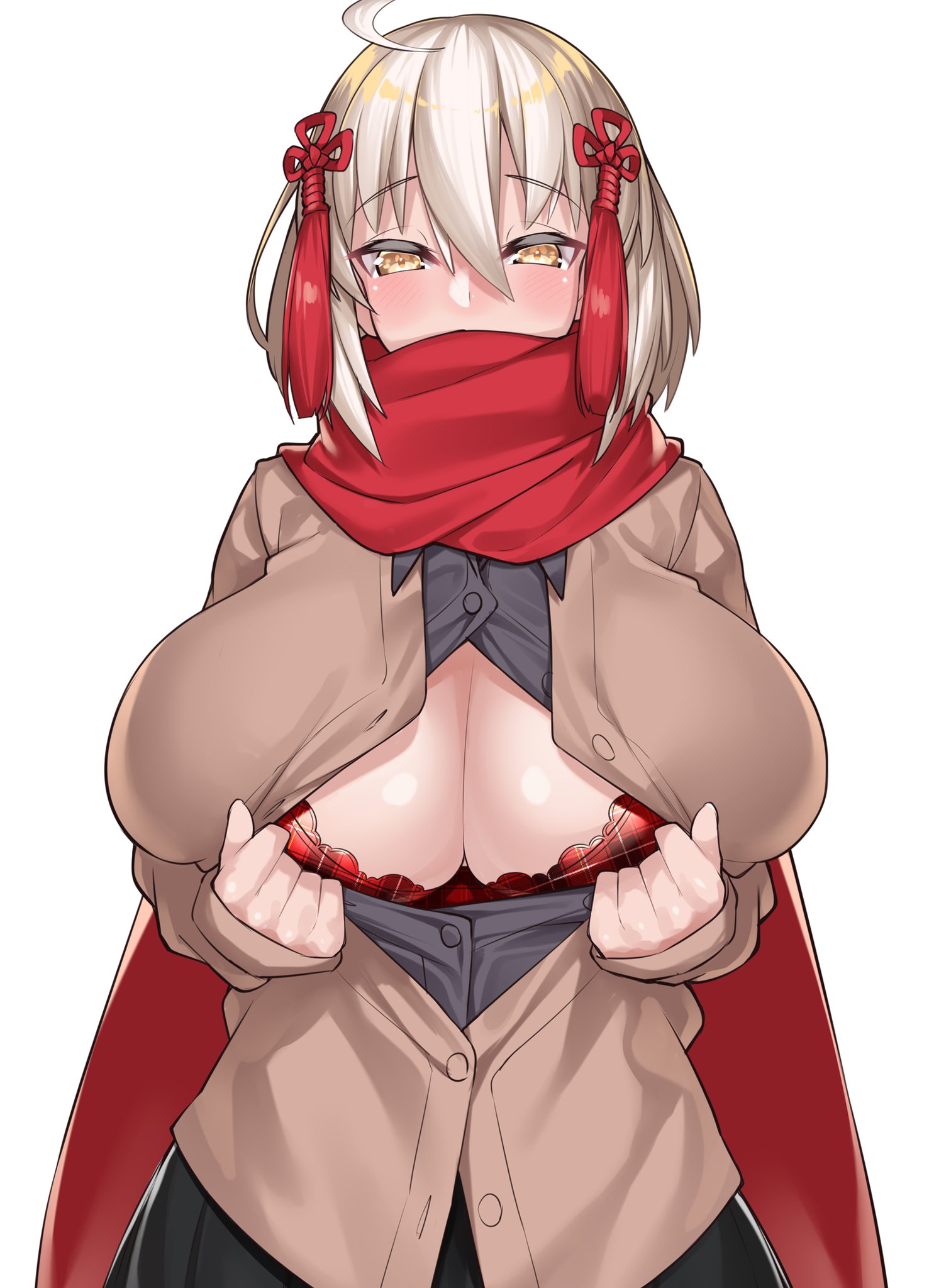 blush, bra, breasts, fate (series), fate/grand order, female, hair ornament, huge breasts, looking at viewer, okita souji (alter) (fate), presenting breasts, scarf, school uniform, schoolgirl, short hair, sweater, unbuttoned shirt, watosu (watosu mama), white hair, yellow eyes