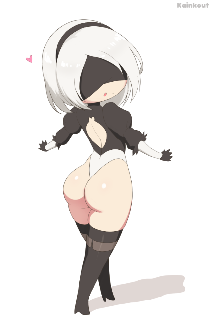 :o, android, ass, bandage, chibi, female, huge ass, kainkout, leotard, looking back, mole, nier: automata, short hair, thong, thong leotard, white hair, yorha 2b