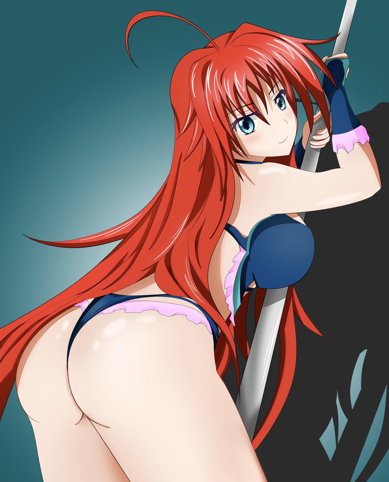 1girls, ahoge, ass, ass focus, bare shoulders, big ass, big breasts, blue eyes, blush, breasts, female, female only, fingerless gloves, from behind, gloves, high school dxd, highres, huge ass, large breasts, light skin, light-skinned female, long hair, looking at viewer, pole dancing, red hair, rias gremory, rynopsis, shiny, shiny hair, shiny skin, sideboob, smile, solo, thong, very long hair