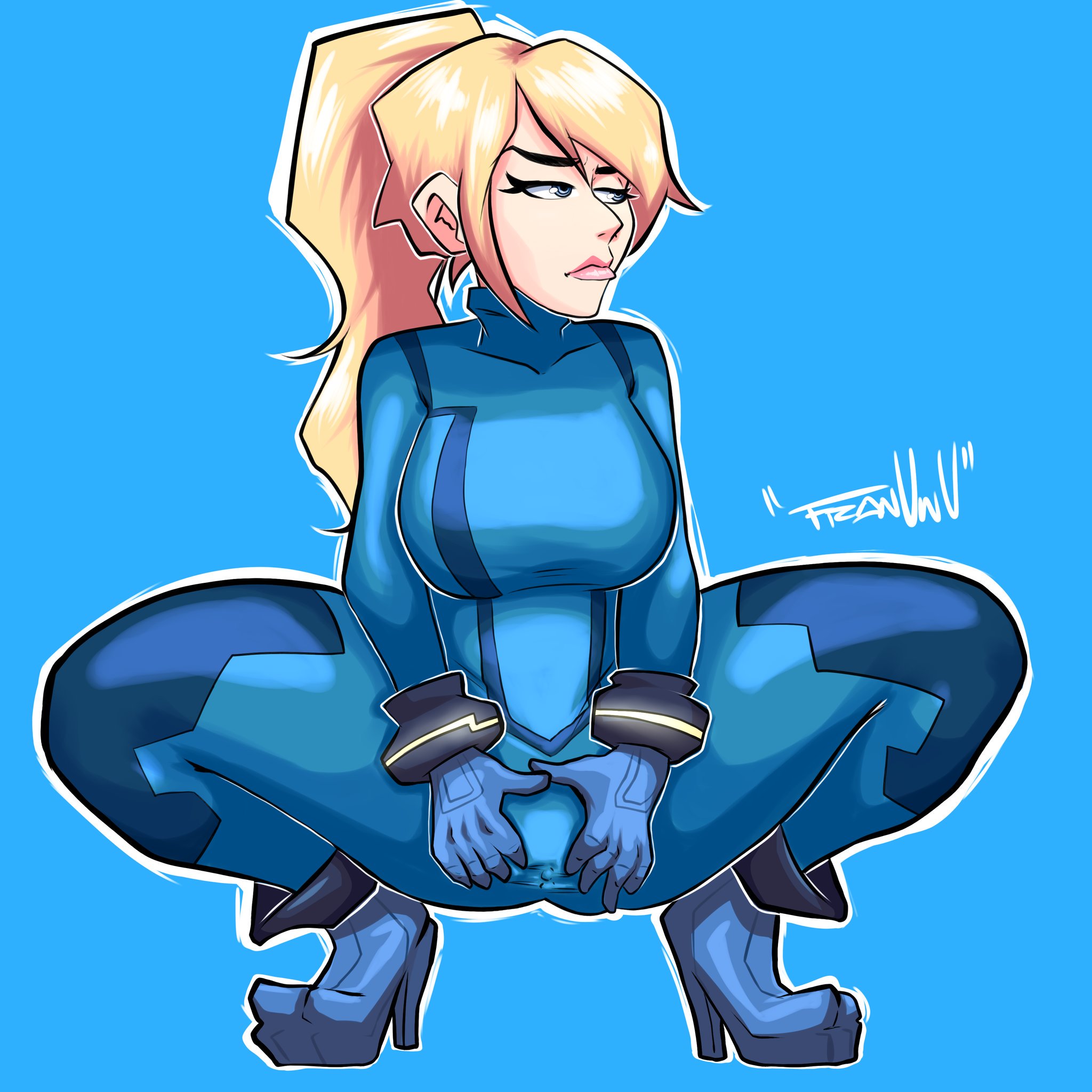 1girls, blonde hair, bodysuit, breasts, clitoris, clitoris through clothes, female, franarts uwu, gloves, heels, metroid, metroid prime, nintendo, ponytail, pussy, samus aran, skin tight, solo, spread pussy, spread pussy under clothes, squatting, tagme, thick thighs, thighs, zero suit, zero suit samus