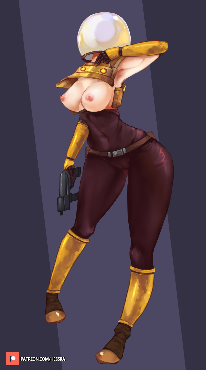 1girls areolae belt bodysuit boots breasts commando_(risk_of_rain) exposed_breasts female female_only gloves gun helmet hessra highres nipples risk_of_rain risk_of_rain_2 rule_63 skin_tight solo space_helmet standing tagme thick_thighs weapon wide_hips