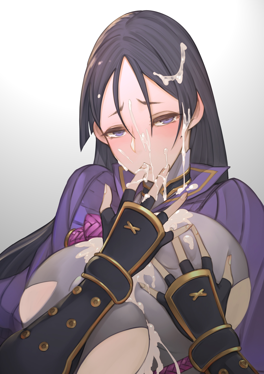 big breasts, black hair, breasts, cero320, cum, cum everywhere, cum in mouth, cum on body, cum on breasts, cum on face, cum on hair, fate (series), fate/grand order, female, female only, long hair, mature female, minamoto no raikou (fate/grand order), purple eyes, servant (fate), solo, solo female, solo focus