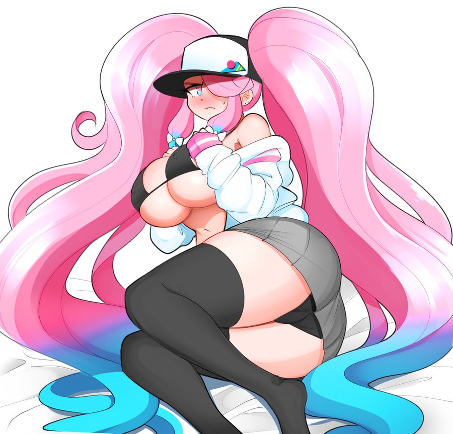 amy (theycallhimcake), ass, blue eyes, blue hair, blush, bra, breasts, clothing, female, hat, huge ass, huge breasts, jacket, looking at viewer, multicolored hair, panties, piercing, pink hair, shorts, stockings, sweat, theycallhimcake, thick thighs, underwear, upskirt