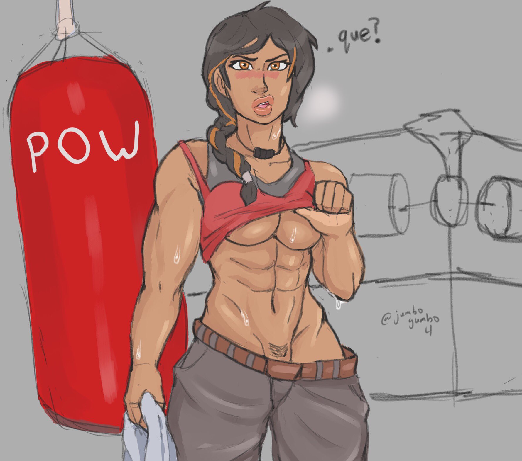 1girls, abs, after workout, baggy pants, black hair, blush, braid, brazilian, brazilian female, breasts, caveira (rainbow six), confused, female, female focus, female only, gym, jumbogumbo, latina, muscular, muscular female, necklace, orange eyes, portuguese text, post-workout, punching bag, rainbow six, rainbow six siege, shirt lift, simple background, sweat, sweatdrop, sweating, sweaty, thick lips, tom clancy, ubisoft, underboob, video games