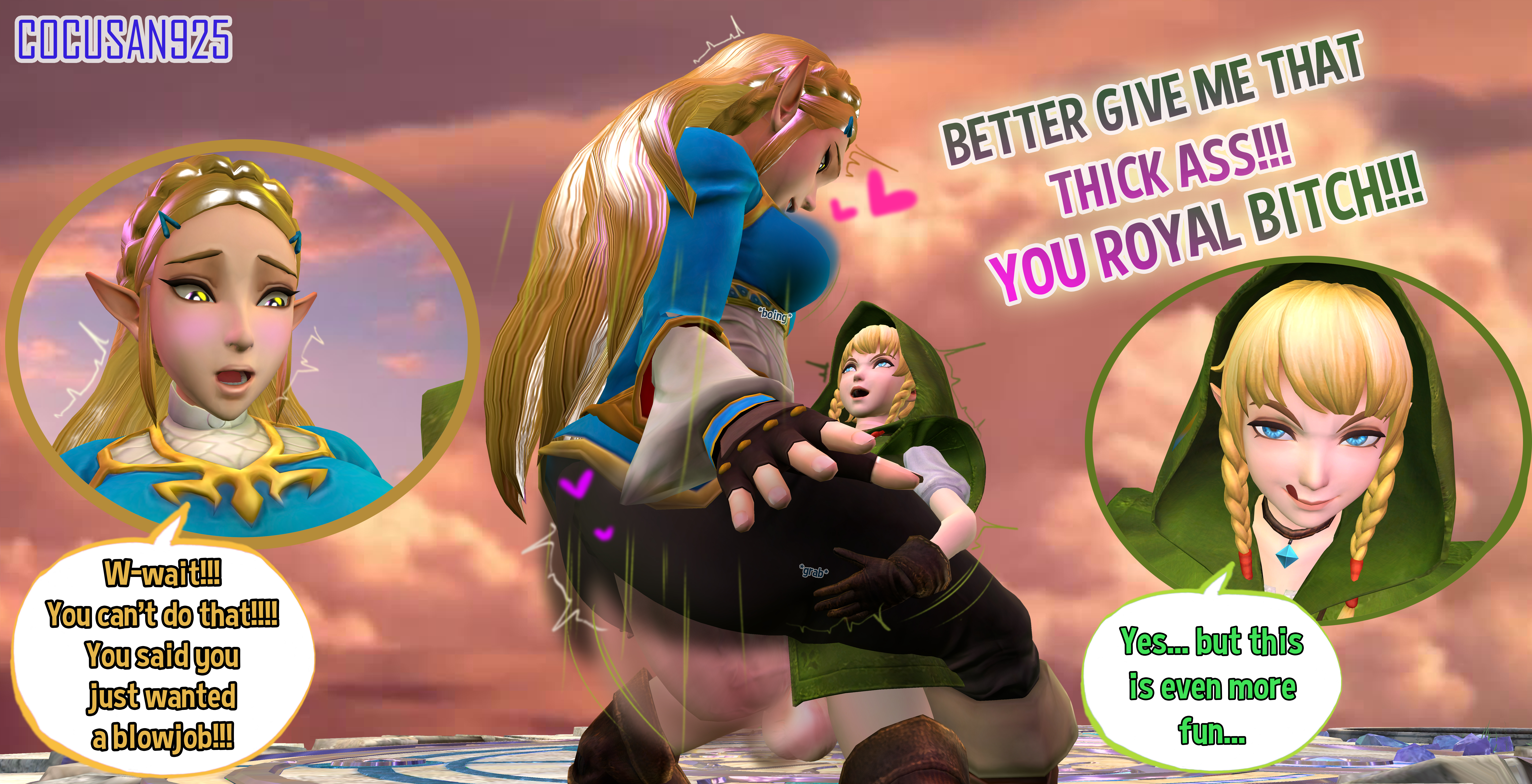 ahe gao, ass, big penis, breasts, breath of the wild, clothing, cocusan925, dialogue, female, futa on female, futa with female, futanari, huge ass, huge breasts, hylian, hyrule warriors, intersex, licking lips, linkle, penis, princess zelda, royalty, teenager, the legend of zelda, zelda (breath of the wild)