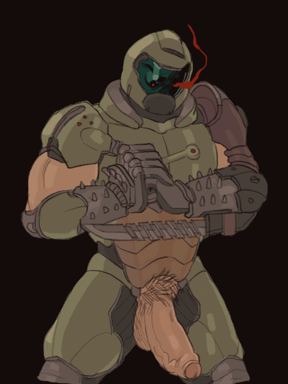 1boy, armor, balls, biceps, big penis, blade, crotchless, doom, doom eternal, doom slayer (doom), exposed penis, eyebrows, foreskin, glans, gloves, helmet, knighterrant, long penis, male, male focus, male only, penis, penis out, pubic hair, red eyes, solo male, testicles, thick penis, uncircumcised, vein, veiny penis, weapon, white skin