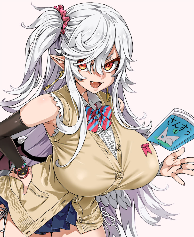 asanagi, big breasts, book, bowtie, breasts, curvy, dante alighieri (eiyuu senki), earrings, eiyuu senki, female, female only, gradient eyes, hair over one eye, hand on hip, huge breasts, long hair, looking at viewer, messy hair, miniskirt, nipple bulge, oerba yun fang, pointy ears, school uniform, scrunchie, side ponytail, side-tie panties, simple background, smug, solo, white background, white hair