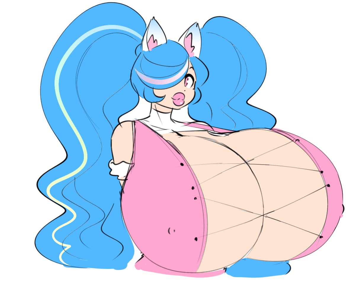 animal ears, big hair, bimbo, blue hair, breast focus, breasts, bursting breasts, bust, cat ears, cat girl, catgirl, ear fluff, female, full cleavage, huge breasts, looking at viewer, milkybimbo, multicolored hair, nipple bulge, pink eyes, pink lips, pink lipstick, red eyes, revealing clothes, sky (milkybimbo), theycallhimcake, thick lips, twintails, white ears