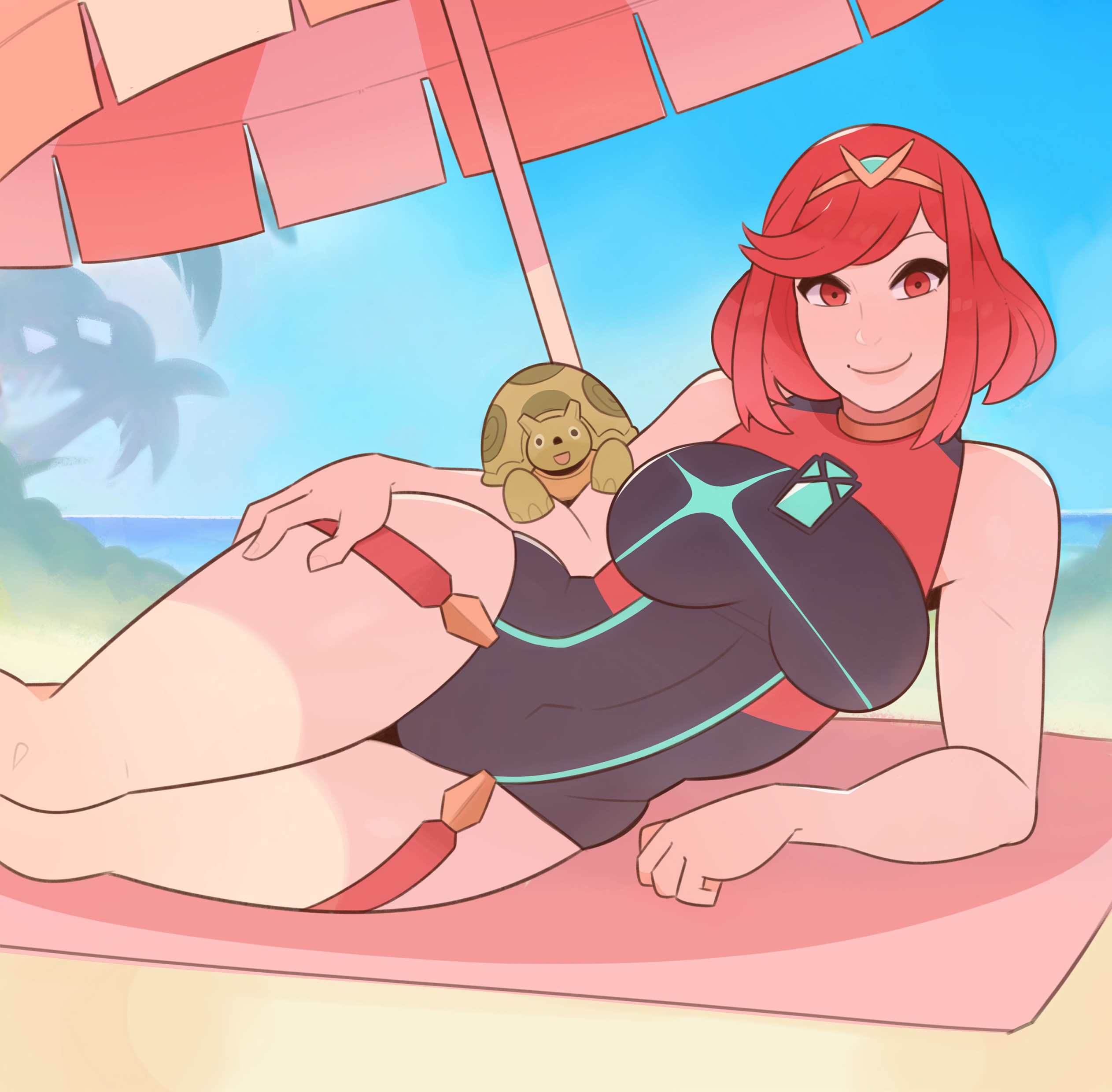 1girls, big breasts, breasts, cleavage, female, female only, large breasts, looking at viewer, pyra, solo, splashbrush, swimsuit, thick thighs, wide hips, xenoblade (series), xenoblade chronicles 2