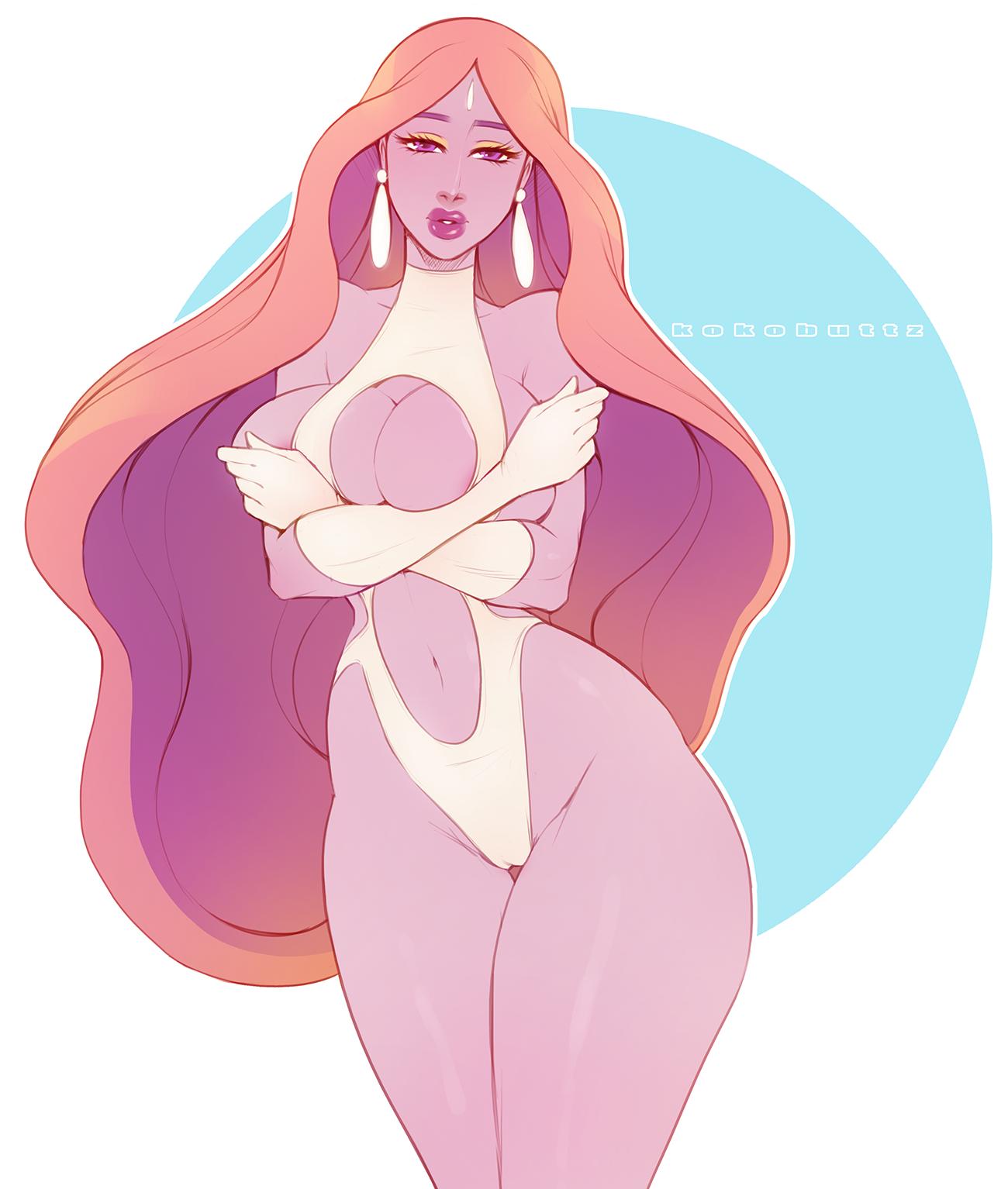 big_breasts big_hips covering_breasts crossed_arms earrings female female_only kokobuttz long_hair looking_at_viewer milf pink_hair purple_eyes purple_hair purple_skin queen_angella she-ra_and_the_princesses_of_power solo solo_female swimsuit thick_lips thunder_thighs watermark white_gloves white_swimsuit