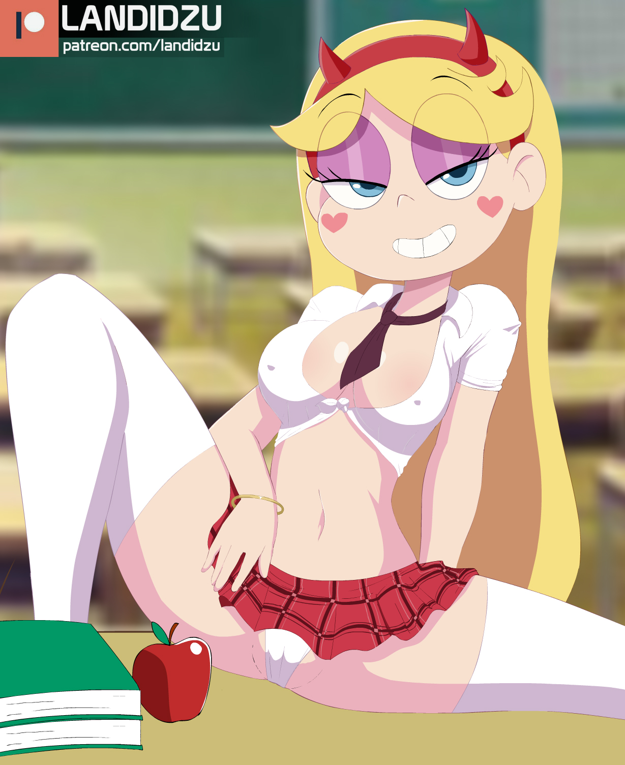 1girls, bedroom eyes, blonde female, blonde hair, blue eyes, breasts, cleavage, disney, disney channel, disney xd, erect nipples, erect nipples under clothes, female, female only, heart cheeks, landidzu, light skin, light-skinned female, long hair, looking at viewer, medium breasts, microskirt, nipples, nipples visible through clothing, no bra, pale skin, pale-skinned female, panties, presenting pussy, pussy, pussy visible through clothes, school uniform, schoolgirl, seductive look, smile, solo, star butterfly, star vs the forces of evil, straight hair, teeth, white female, white panties, young