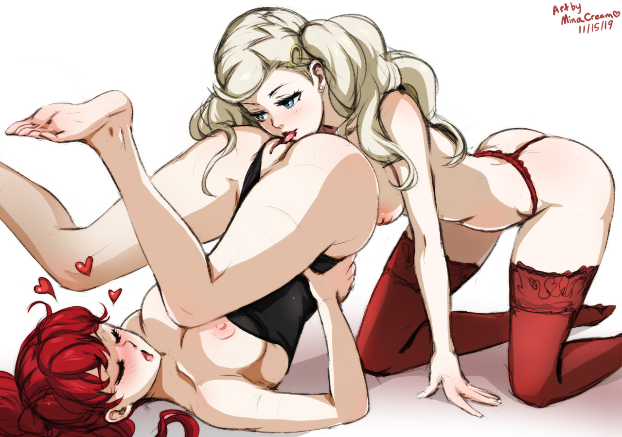 2girls, ann takamaki, areolae, artist name, atlus, big breasts, blonde hair, breasts, clothing, cunnilingus, dated, duo, feet, female, female only, hair, kasumi yoshizawa, light skin, light-skinned female, megami tensei, minacream, multiple females, multiple girls, nipples, oral, pale skin, pale soles, pale-skinned female, panties, persona, persona 5, persona 5 royal, red hair, red legwear, signature, sumire yoshizawa, thighhighs, tongue, tongue out, topless, video games, yuri