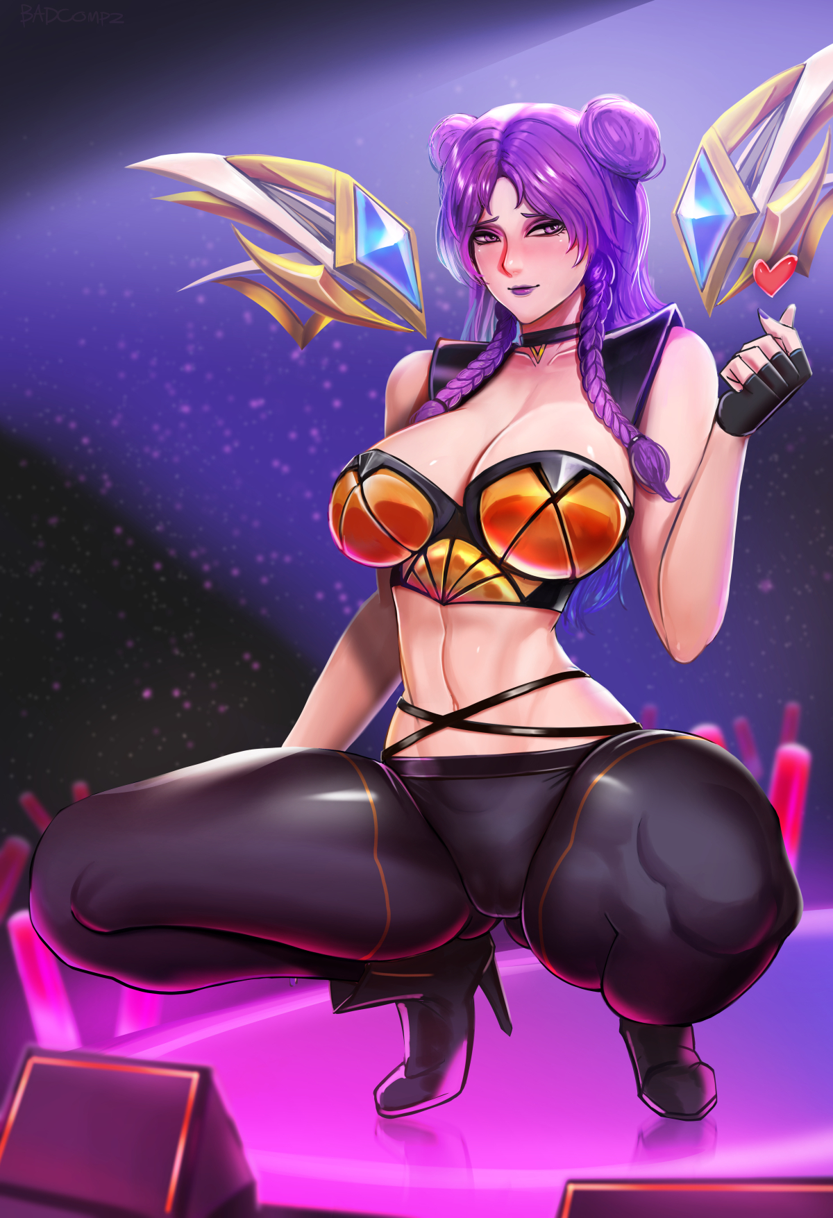 1girls, alternate costume, badcompzero, big breasts, breasts, cleavage, female, female only, k/da kai'sa, k/da series, kai'sa, large breasts, league of legends, riot games, solo, spread legs