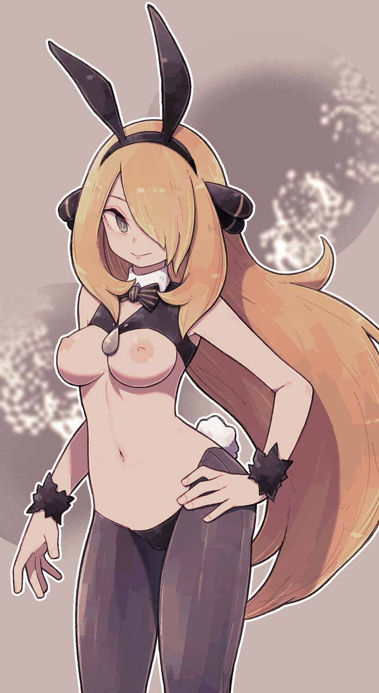 1girls, abs, alternate outfit, areolae, armpits, ass, belly, blonde hair, breasts, bunny ears, bunny girl, bunnysuit, cynthia (pokemon), eye contact, fake ears, fake tail, female, female only, grey eyes, hair over one eye, hairband, hand on hips, human only, lamb-oic029, large breasts, long hair, looking at viewer, navel, nintendo, nipples, pokemon, pokemon dppt, pose, revealing clothes, reverse bunnysuit, ribbon, smile, solo, tail, tank top, thick thighs, wide hips