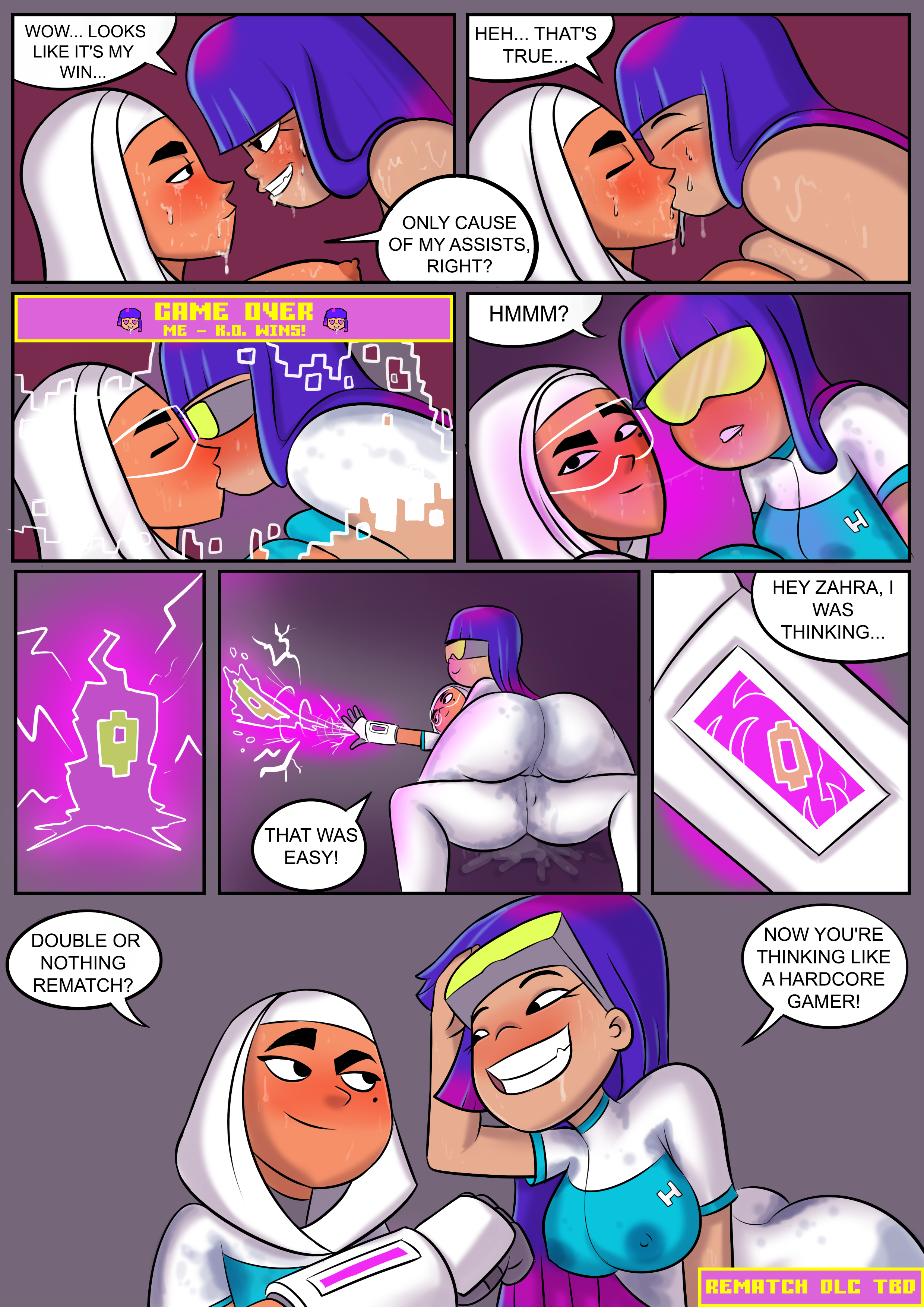 2girls, aged up, blush, breasts, chocolate and vanilla, closed eyes, comic, female, glitch techs, hijab, kissing, miko kubota, multiple females, multiple girls, planz34, smooth skin, tentacle, tinted eyewear, visor, yellow-tinted eyewear, yuri, zahra rashid
