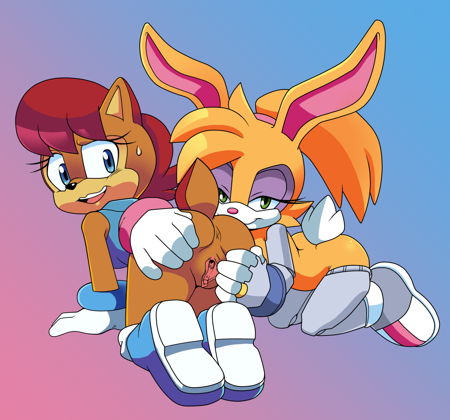 2girls, anthro, anus, archie comics, ass, assisted presentation, bent over, black nose, blue eyes, blue shirt, blue shoes, bottomless, brown body, brown fur, bunnie rabbot, bunny ears, bunny girl, bunny tail, chipmunk, clitoral hood, clitoris, cybernetics, cyborg, eyelashes, eyeshadow, female, female focus, female only, fur, furry, furry ears, furry only, furry tail, gloves, gradient background, green eyes, hairband, hands on ass, hands on floor, humanoid, labia, lagomorph, lagomorph humanoid, leatherruffian, legs together, lesbian, long ears, looking at viewer, looking back, nervous, on knees, open mouth, pink hairband, pink nose, ponytail, presenting, presenting hindquarters, presenting pussy, prosthetic, prosthetic arm, prosthetic leg, pussy, raised tail, red eyes, rodent, rodent humanoid, sally acorn, sega, shoes, simple background, smile, soles, sonic (series), sonic the hedgehog (archie), sonic the hedgehog (comics), sonic the hedgehog (series), spread ass, spread pussy, spreading, squirrel, sweat, tail, urethra, vagina, white gloves, white tail, yellow body, yellow fur, yellow hair, yuri