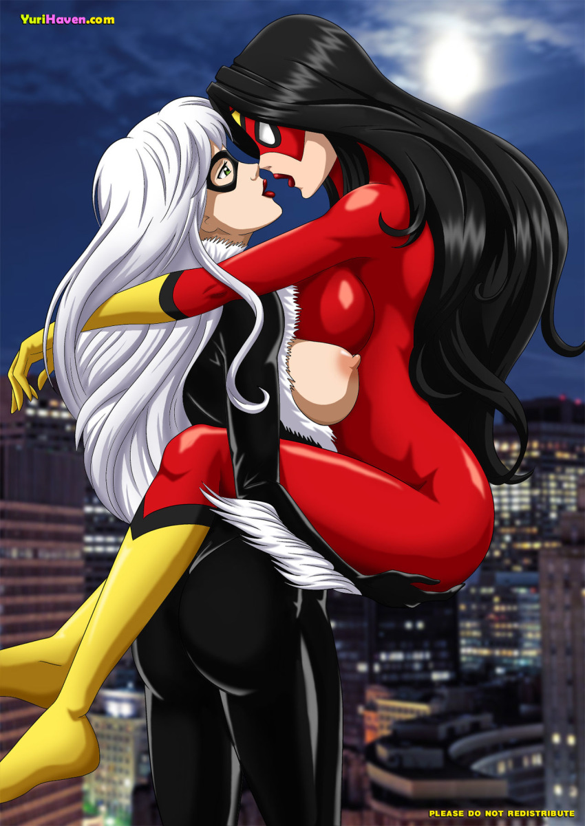 2girls, ass, black cat (marvel), black hair, bodysuit, breasts, clothed, felicia hardy, female, female only, huge ass, jessica drew, latex, long hair, looking at each other, marvel, marvel comics, multiple females, multiple girls, outdoors, outside, sideboob, spider-man (series), spider-woman, white hair, yuri, yurihaven.com