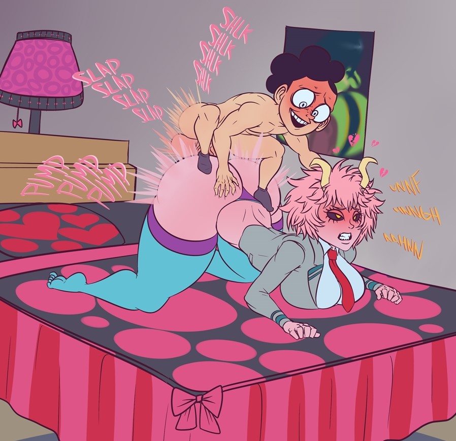 1boy, 1girls, ass, bed, bedroom, big ass, clothed sex, favorite, female, heart, male, mina ashido, minoru mineta, moaning, moaning in pleasure, mrscrambled, my hero academia, pink hair, pink skin, pink-haired female, purple hair, purple-haired male, sex, size difference, stockings, text