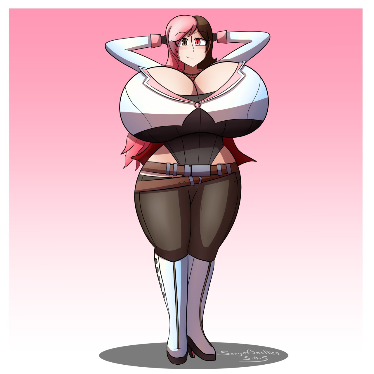 boots, breasts, brown hair, clothing, female, gigantic breasts, heel boots, heterochromia, high heel boots, huge breasts, hype ass, hyper, hyper breasts, knee boots, neo (rwby), pink hair, rwby, songofswelling, straining buttons, thick thighs