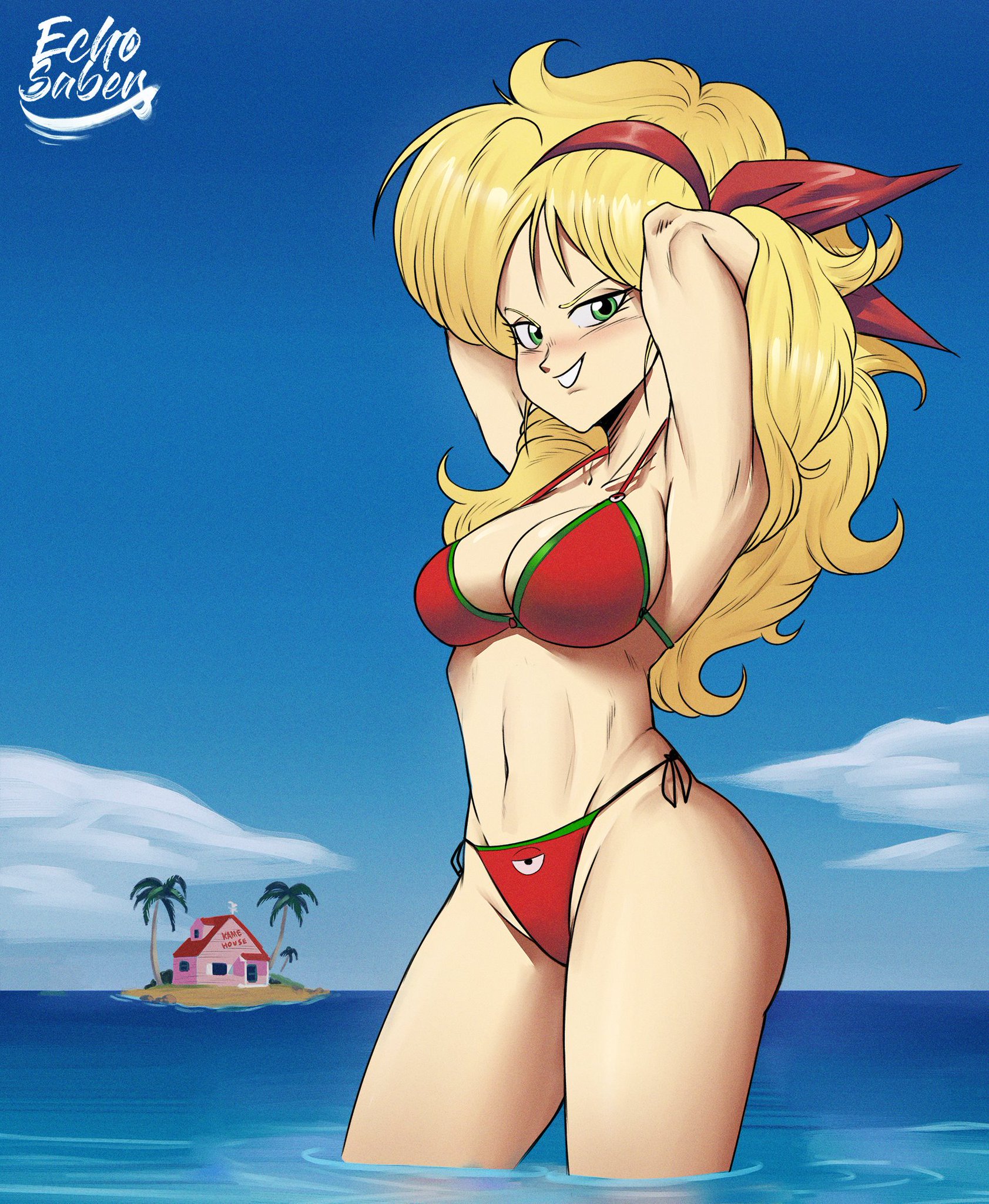 1girls, bad launch, bikini, blonde hair, blush, breasts, curvy, dragon ball, dragon ball (classic), echosaber, female, female only, green eyes, large breasts, launch, lunch (dragon ball), posing, seaside, solo