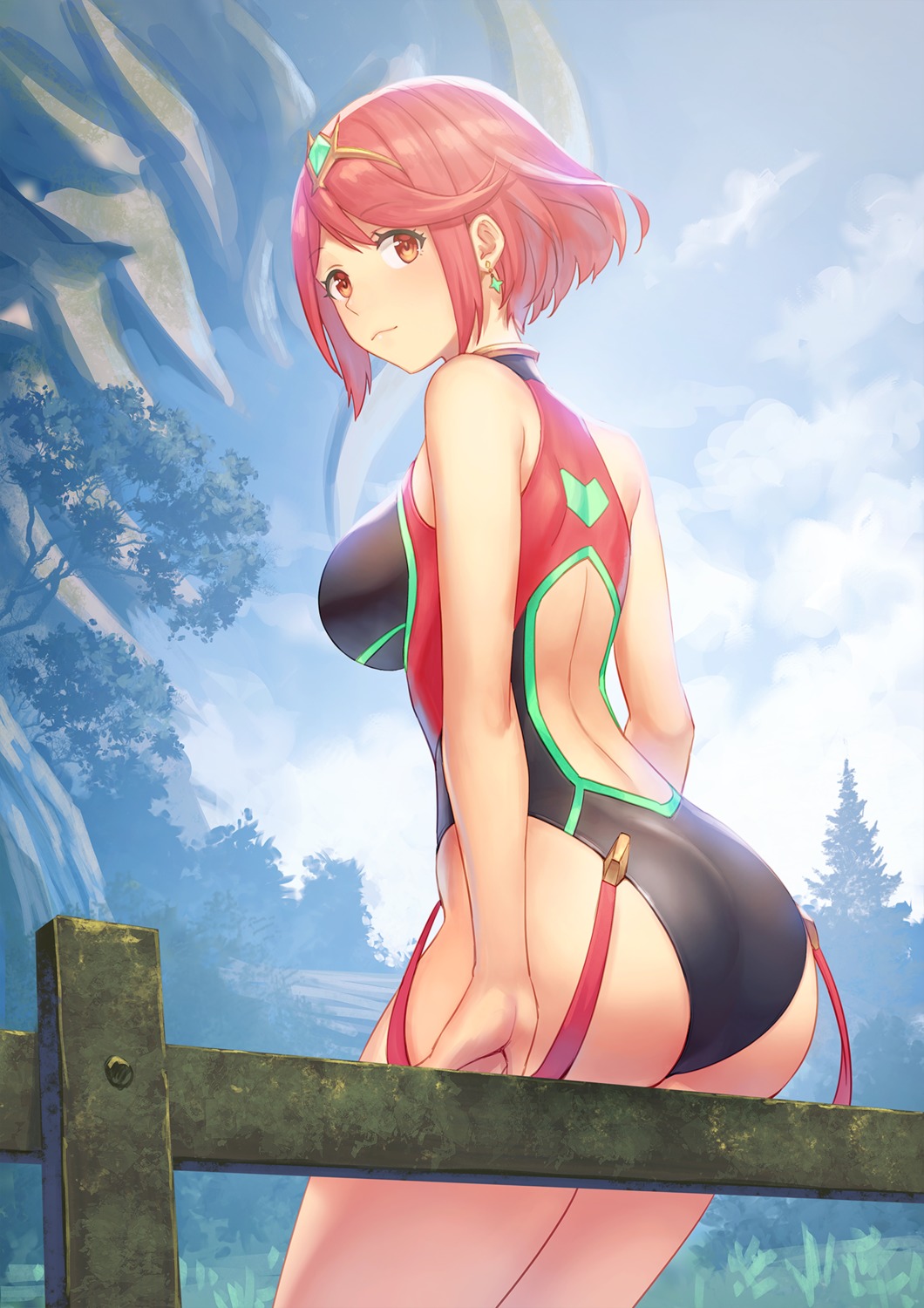 1girls anbe_yoshirou ass back bare_shoulders big_ass breasts cute earrings female female_only leaning_on_object looking_at_viewer looking_back nintendo outside pyra red_eyes red_hair swimsuit xenoblade_(series) xenoblade_chronicles_2