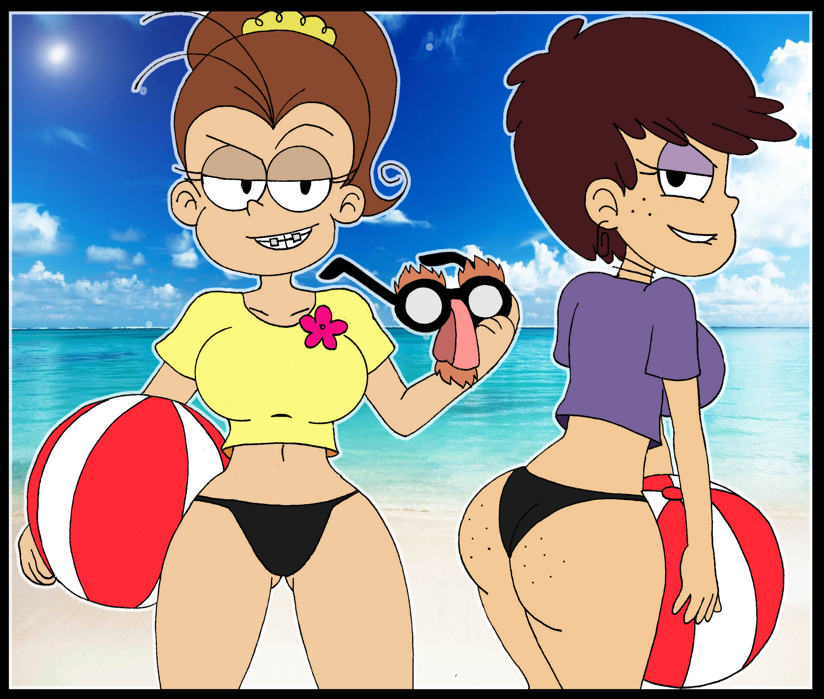 2girls, ass, beach, beach ball, big ass, big breasts, bikini bottom, breasts, brown hair, crop top, female, female only, freckles, half-closed eyes, large breasts, luan loud, luna loud, multiple females, multiple girls, ponytail, short hair, small waist, straight hair, the loud house, thighs, thin waist