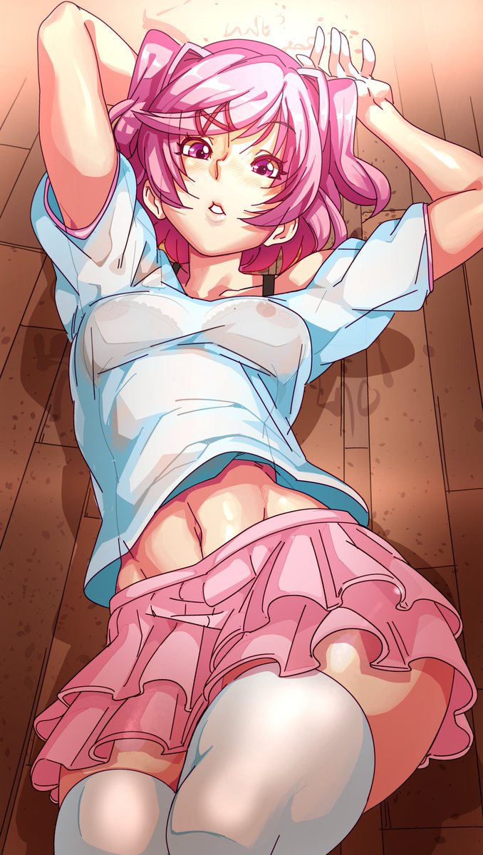 1girls, arms above head, ass, bottom heavy, breasts, curvaceous, curvy, cute, doki doki literature club, fat ass, female, laying down, looking at viewer, natsuki (doki doki literature club), nisego, on back, pink eyes, pink hair, revealing clothing, see-through, see-through clothing, skirt, small breasts, solo, thick thighs, thighhighs, voluptuous, wide hips, wide thighs