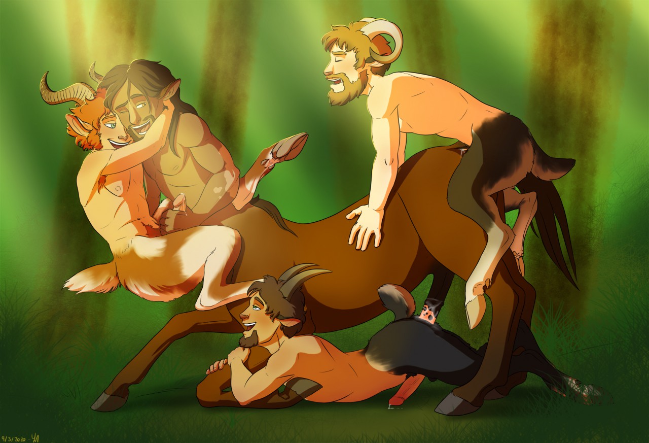 animal genitalia on humanoid, armpit hair, boner, centaur, erection, fictional interracial, gay, group, group sex, horsecock on humanoid, kevira065, male, male on male, male only, male/male, penis, satyr, sex, taur