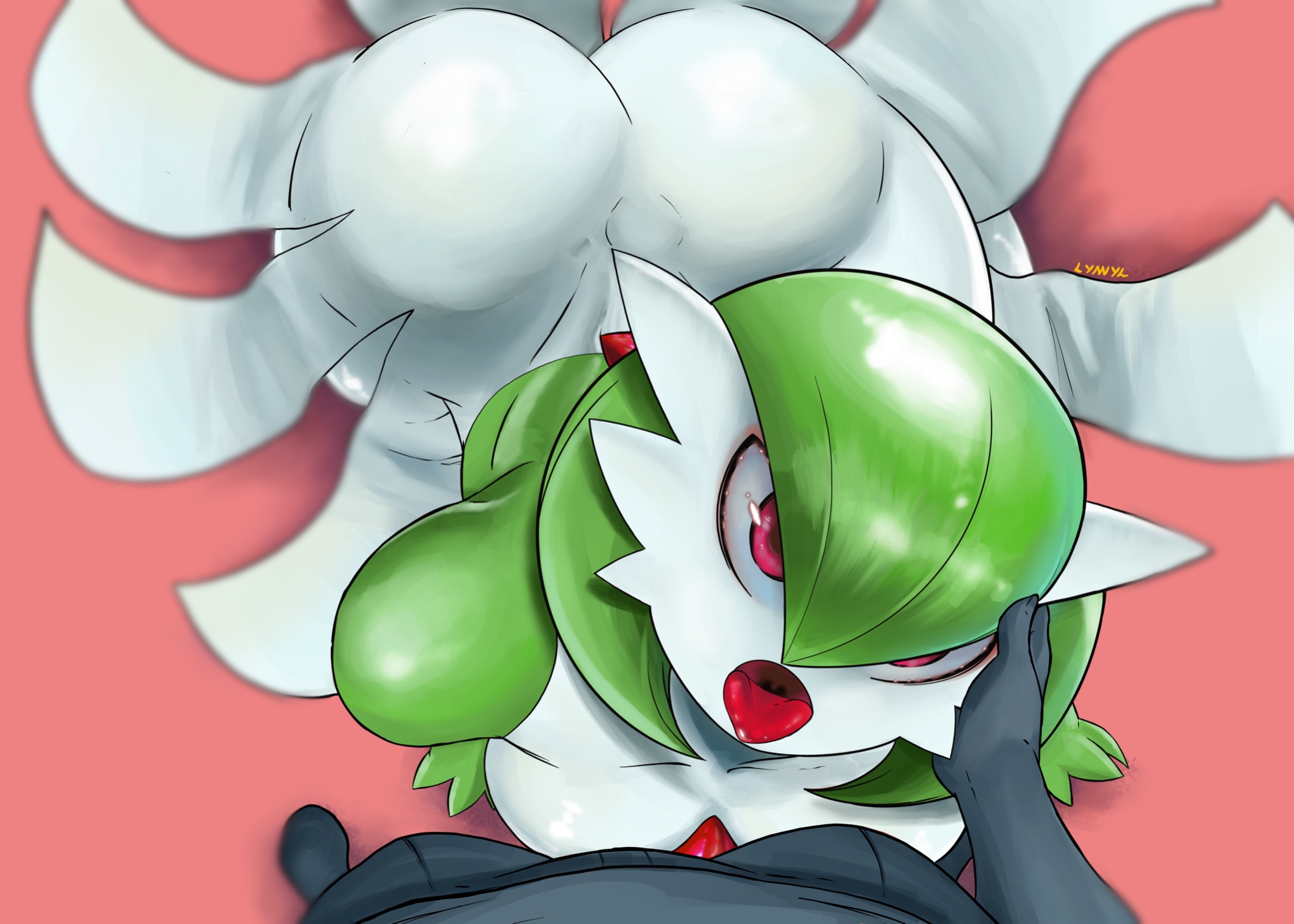 1girls, 2020, 3 fingers, ambiguous gender, anthro, anthrofied, ass, ass in dress, big ass, breasts, clothed, dress, eye contact, female, female only, gardevoir, green hair, green skin, head grab, interspecies, kneeling, large ass, looking at viewer, looking up, lyn nyl, nintendo, noblood, open mouth, pink background, pink eyes, pokémon (species), pokemon, pokemon (species), pokemon rse, pov, thick thighs, tongue, tongue out, white skin, wide hips