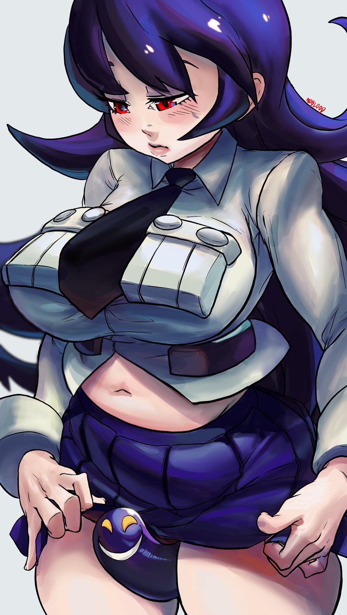 1girls, 2020, black hair, blush, breasts, female, female focus, female only, filia (skullgirls), huge breasts, long hair, midriff, noblood, red eyes, samson (skullgirls), skullgirls, tentacle, tentacle sex, thick thighs, voluptuous, white background
