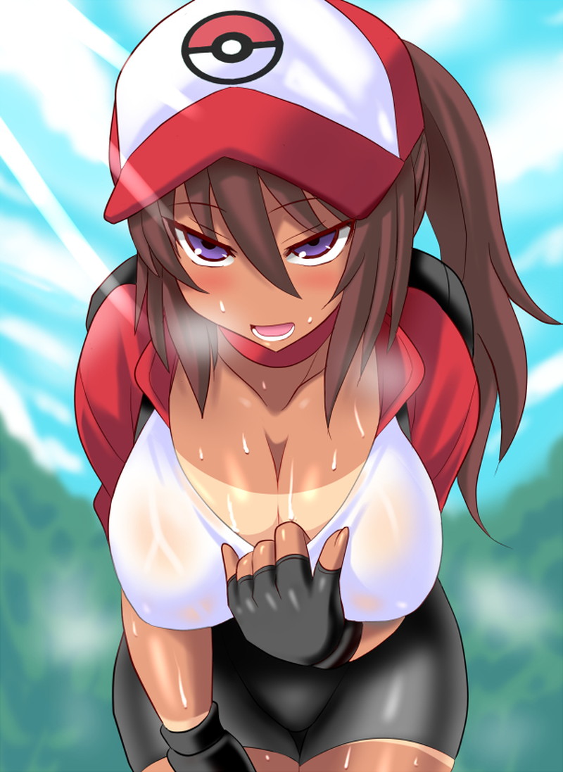 1girls 2016 alternate_breast_size anime_style bent_over bike_shorts blush breasts brown_hair cleavage cleavage_pull cleavage_reach dark-skinned_female dark_skin eye_contact eyebrows_visible_through_hair female female_protagonist female_protagonist_(pokemon_go) flashing half-closed_eyes hat heavy_breathing highres human konno_tohiro large_breasts long_hair looking_at_viewer naughty_face nintendo no_bra outdoors pokemon pokemon_go ponytail pose presenting presenting_breasts purple_eyes seductive sexually_suggestive shirt shirt_lift shirt_pull shorts smile solo sweat tan tanline tanlines tsurime wet wet_clothes wide_hips